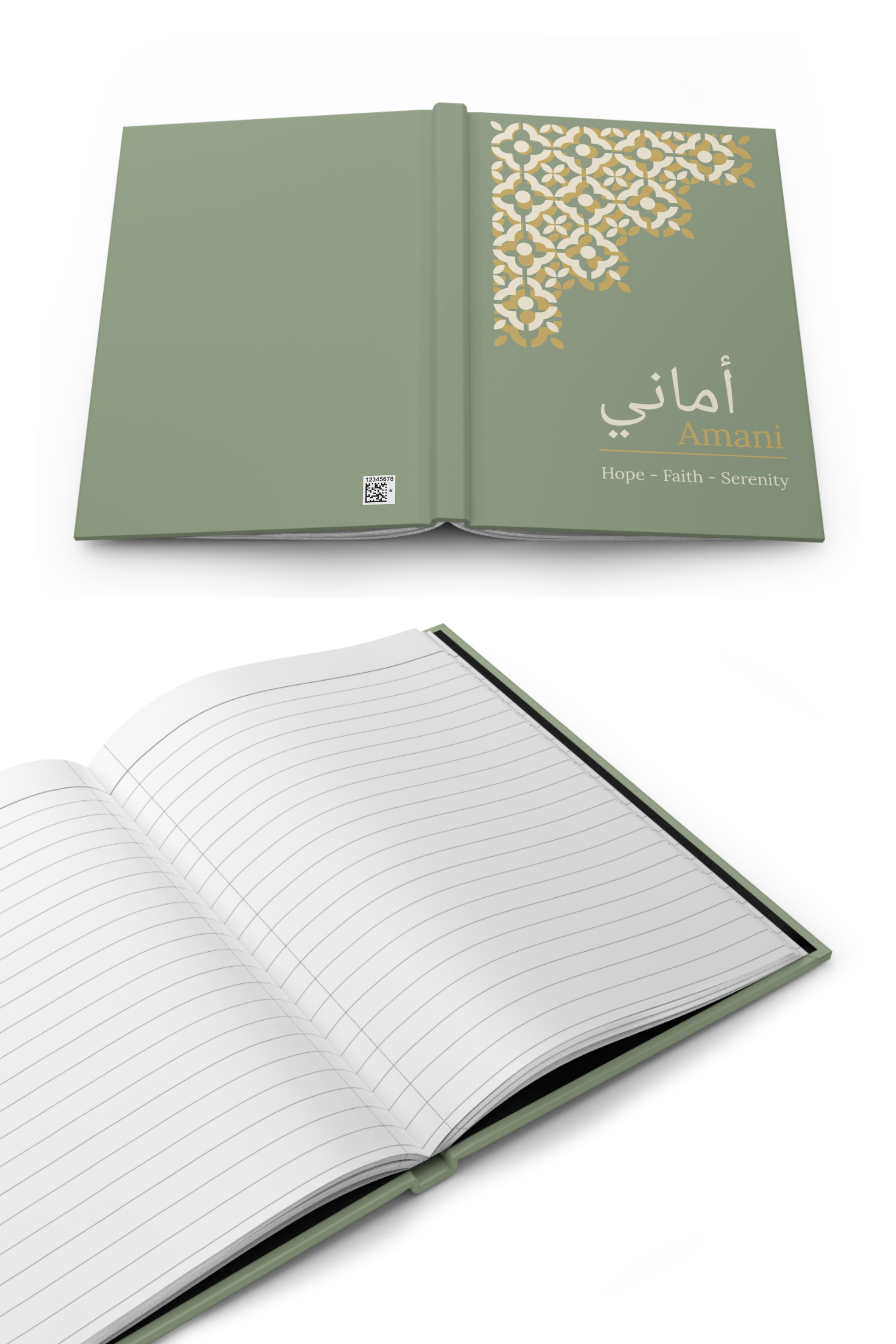 Custom Arabic calligraphy gift bundle with sage green cushion journal and fleece throw perfect for Ramadan