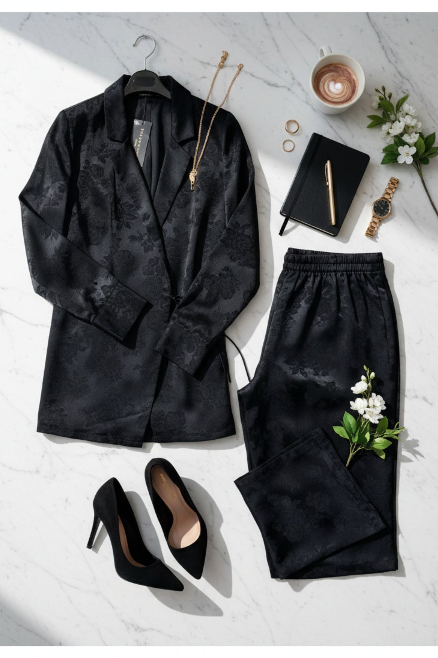Black satin wrap set with floral print - two-piece outfit styled with heels and rose gold accessories on marble background