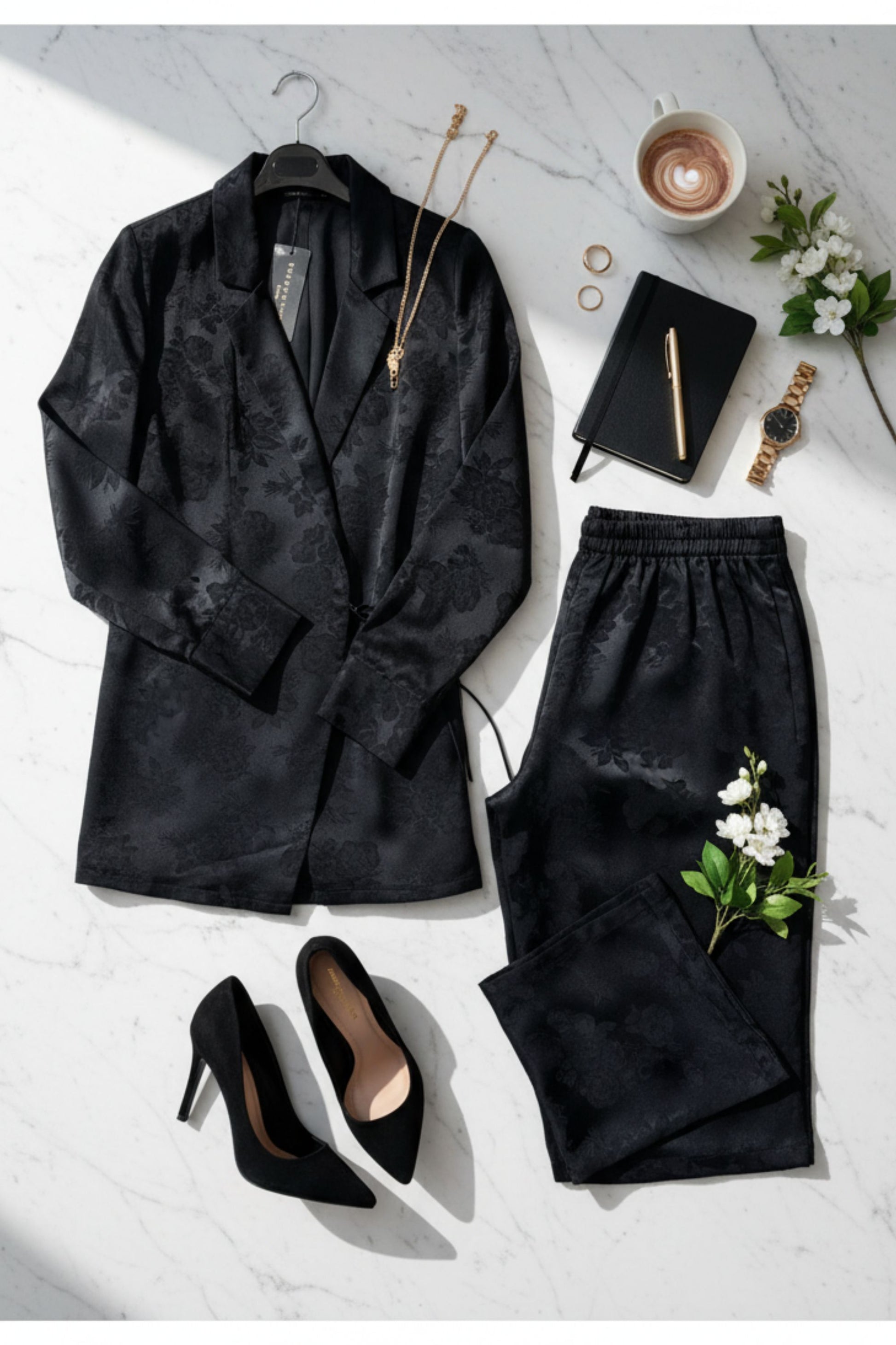 Black satin wrap set with floral print - two-piece outfit styled with heels and rose gold accessories on marble background