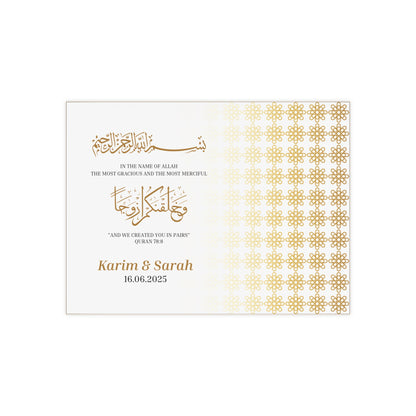 Horizontal Islamic Nikah tile with Quran verse, Bismillah, gold floral pattern, and custom names and date