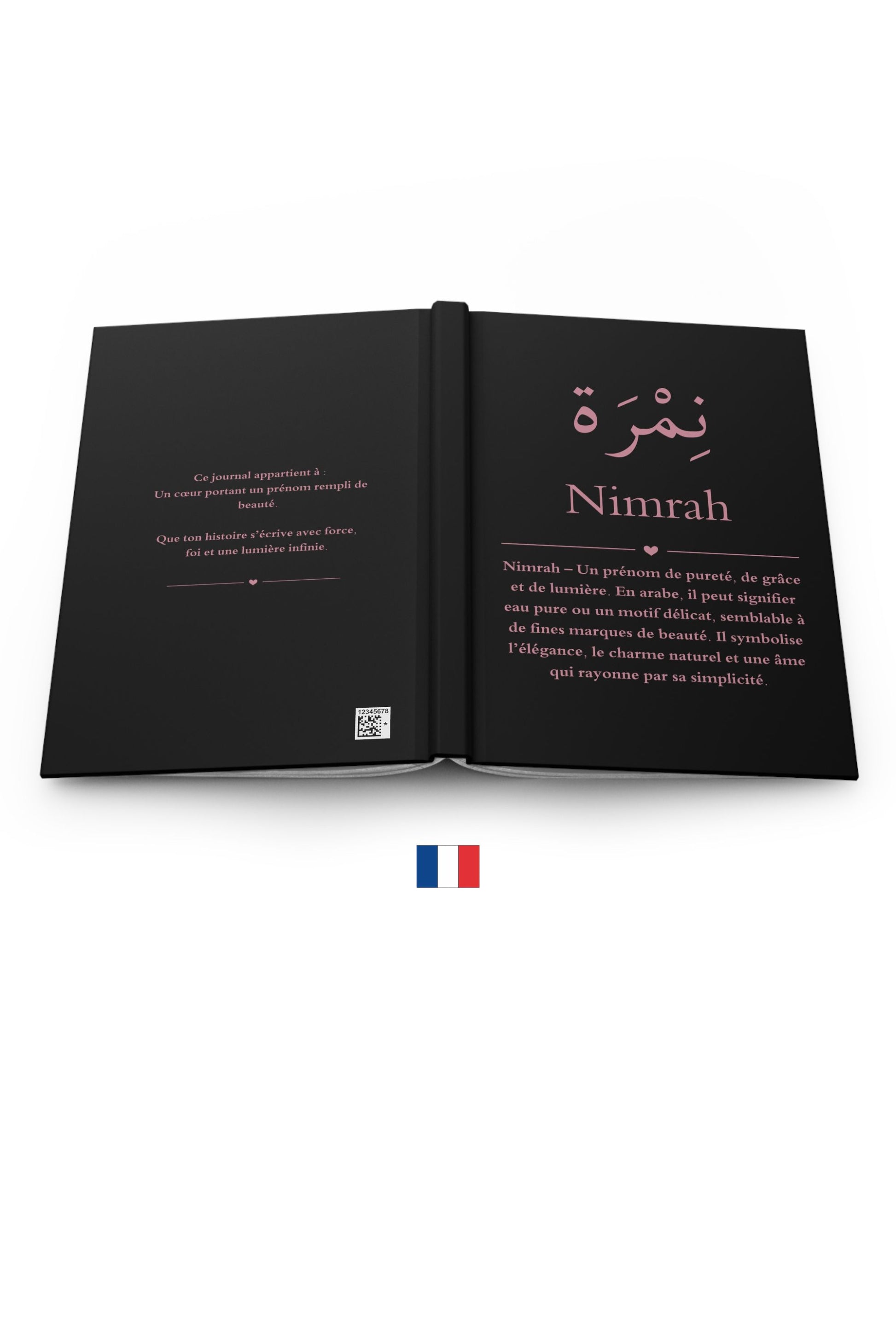 Nimrah Arabic name journal French - carnet personnalisé avec signification pureté grâce et lumière
