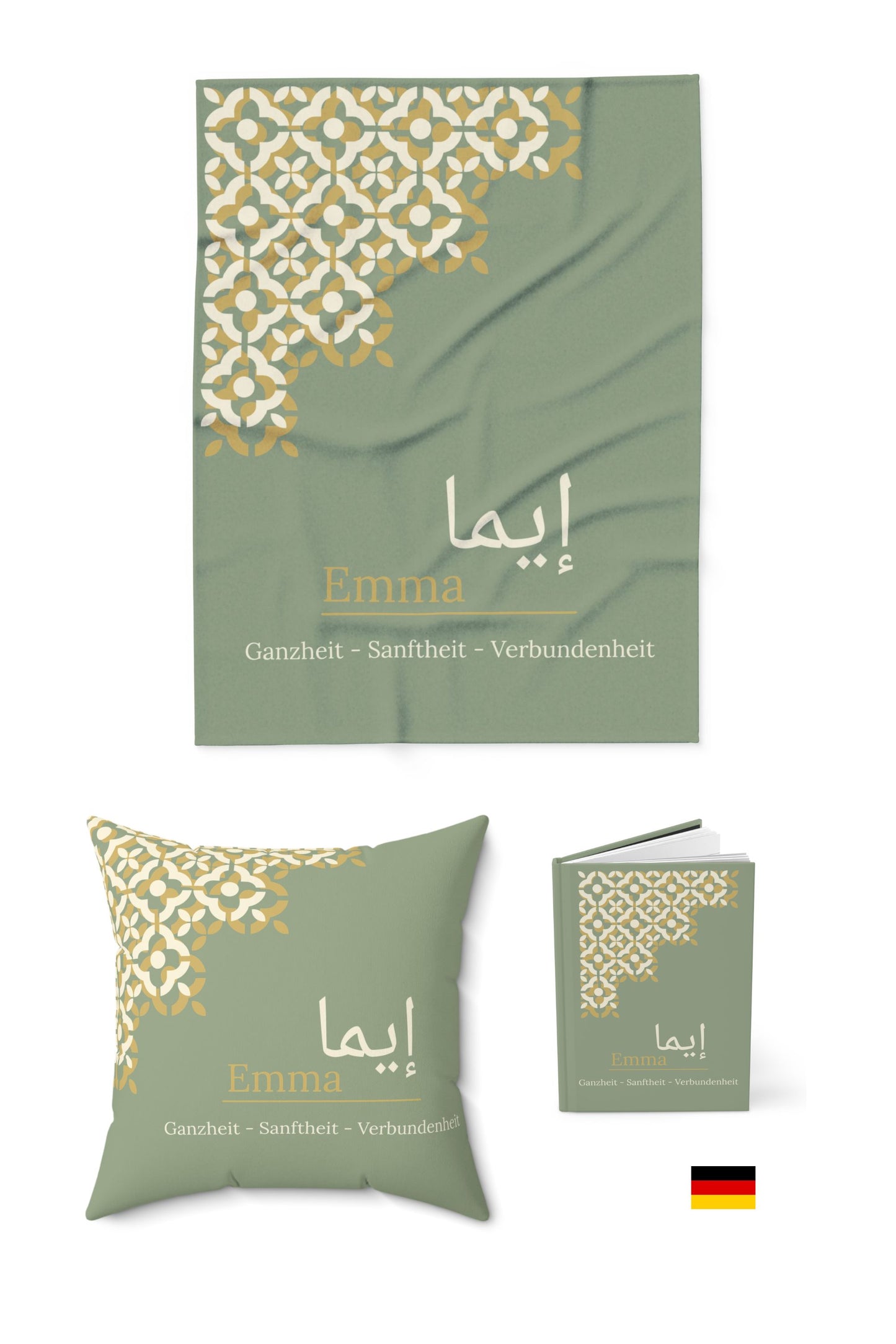 Complete Arabic name gift set with matching cushion journal and throw blanket in elegant sage green