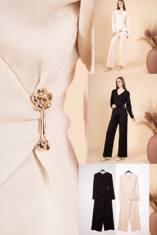 Women wearing elegant wrap set - detail of gold brooch and styling inspiration in beige and black colorways