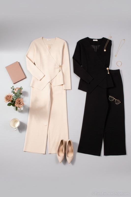 Elegant Wrap Set - Tailored Top with Pants & Brooch
