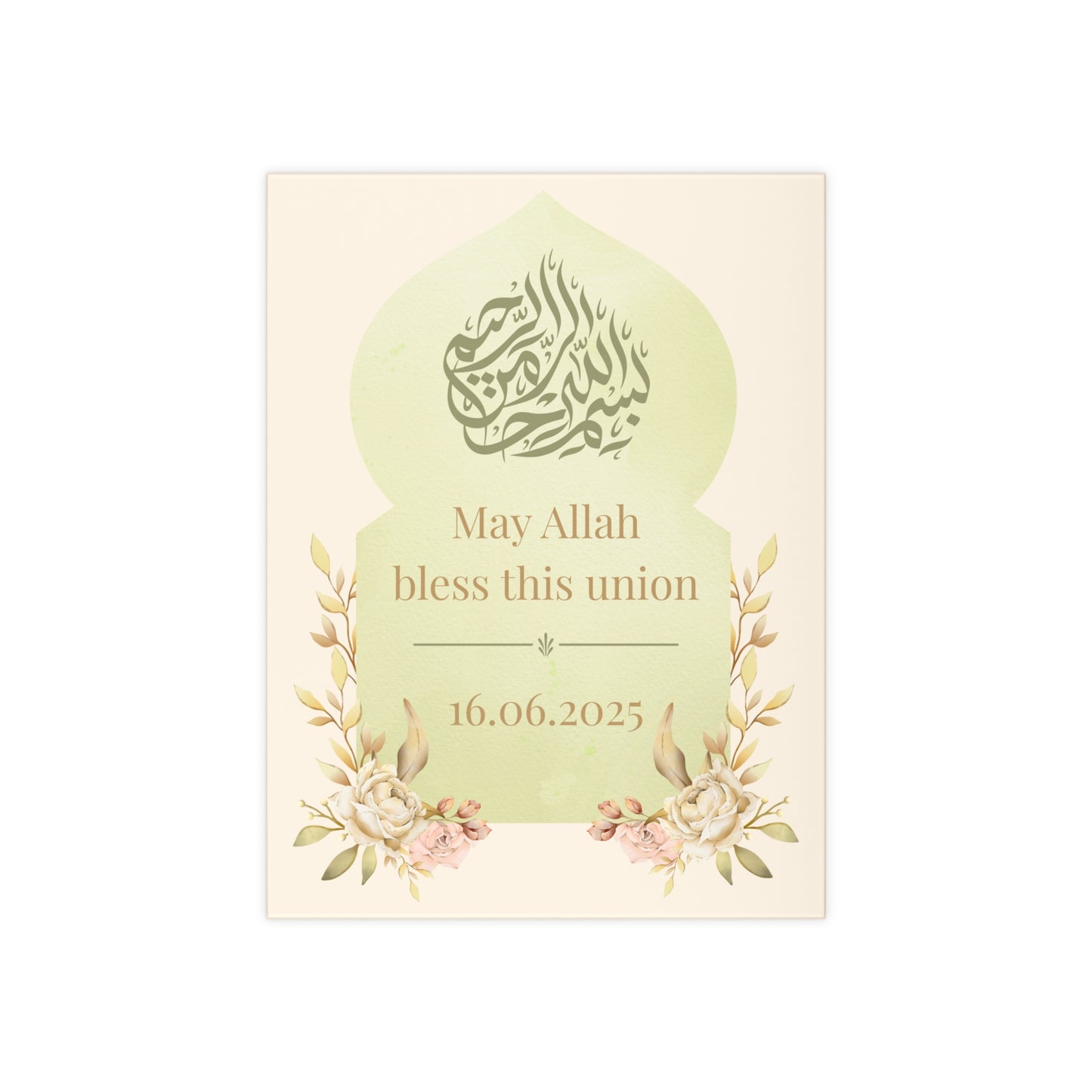Islamic wedding tile with “May Allah bless this union,” Bismillah calligraphy, soft green arch, and personalized date