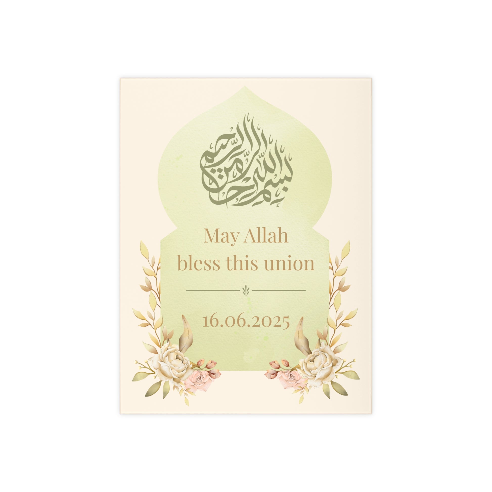 Islamic wedding tile with “May Allah bless this union,” Bismillah calligraphy, soft green arch, and personalized date