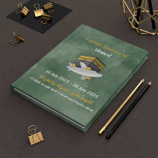 Personalized Umrah Journey Notebook – Green Matte Hardcover Islamic Journal with Dua & Dates