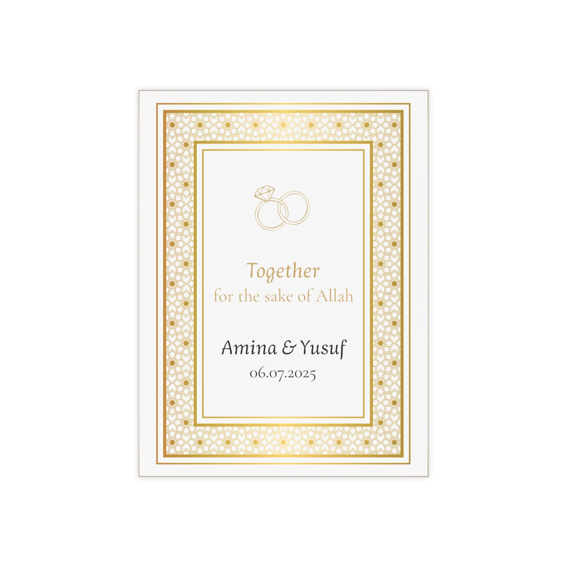 Personalized Islamic wedding tile with gold rings and names, Nikah keepsake gift with Arabic-style border and custom date