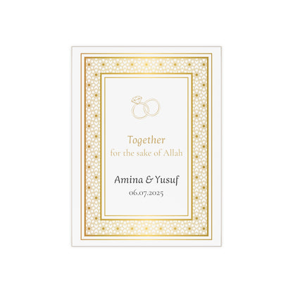 Personalized Islamic wedding tile with gold rings and names, Nikah keepsake gift with Arabic-style border and custom date