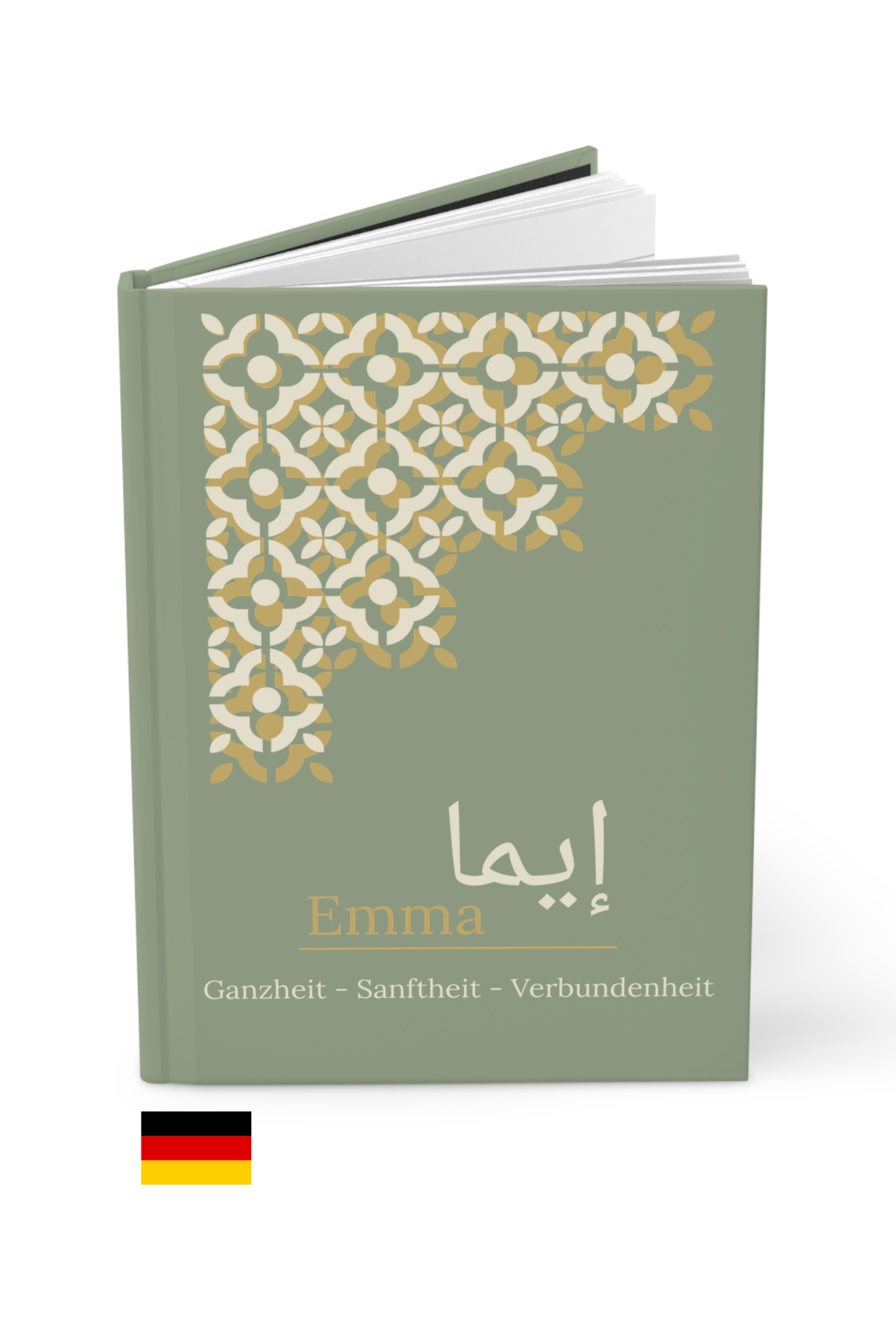 Personalized hardcover notebook Emma with German Arabic calligraphy sage green gold pattern