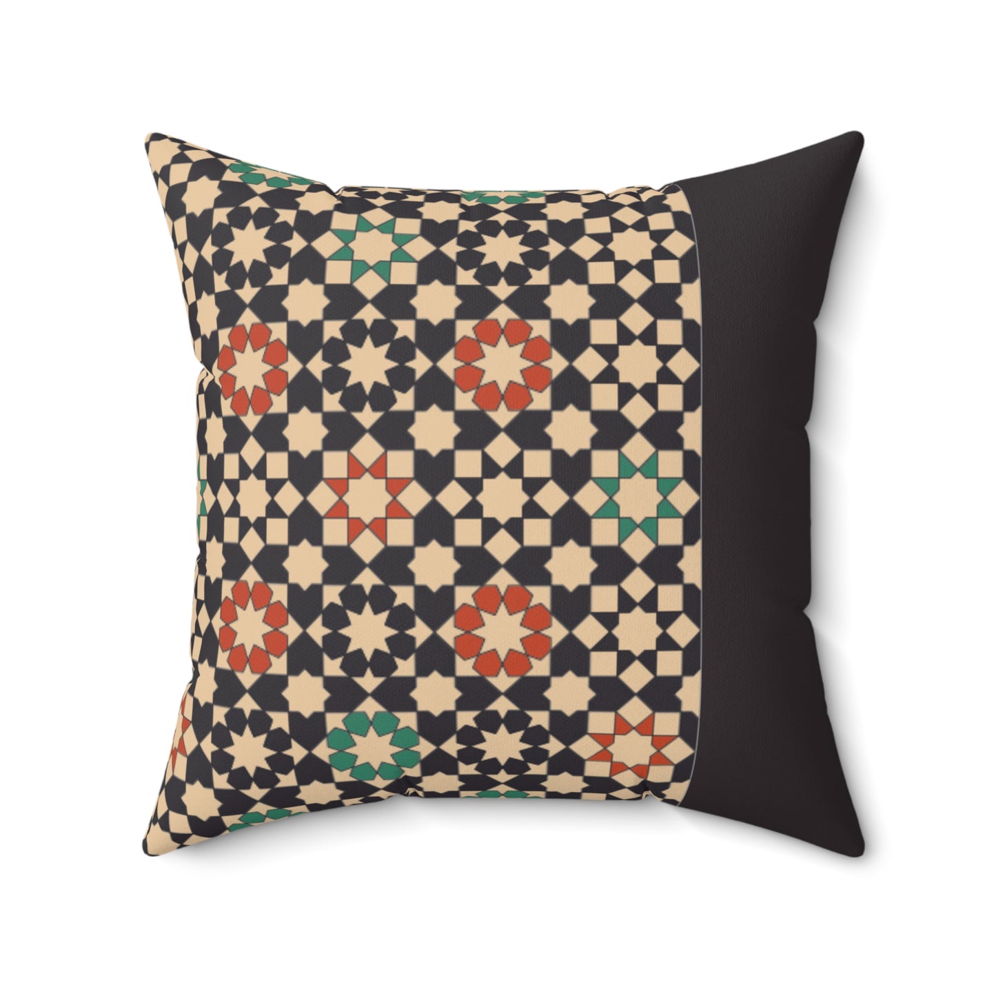 Islamic mosaic throw pillow with traditional tile pattern and black side panel, inspired by Moroccan and Andalusian art