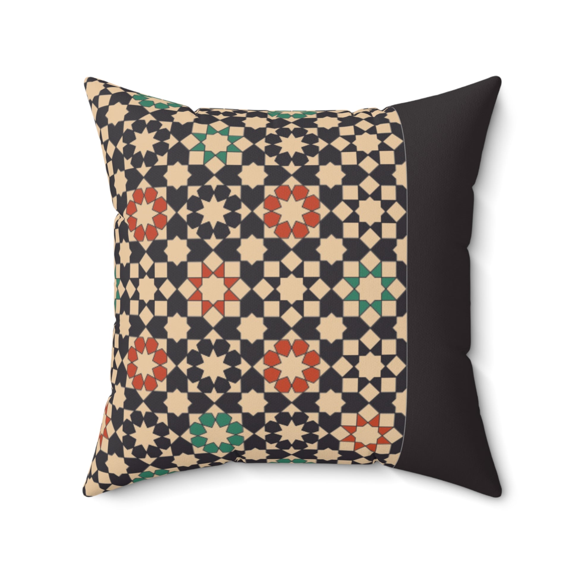Islamic mosaic throw pillow with traditional tile pattern and black side panel, inspired by Moroccan and Andalusian art