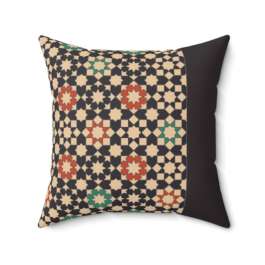 Islamic mosaic throw pillow with traditional tile pattern and black side panel, inspired by Moroccan and Andalusian art