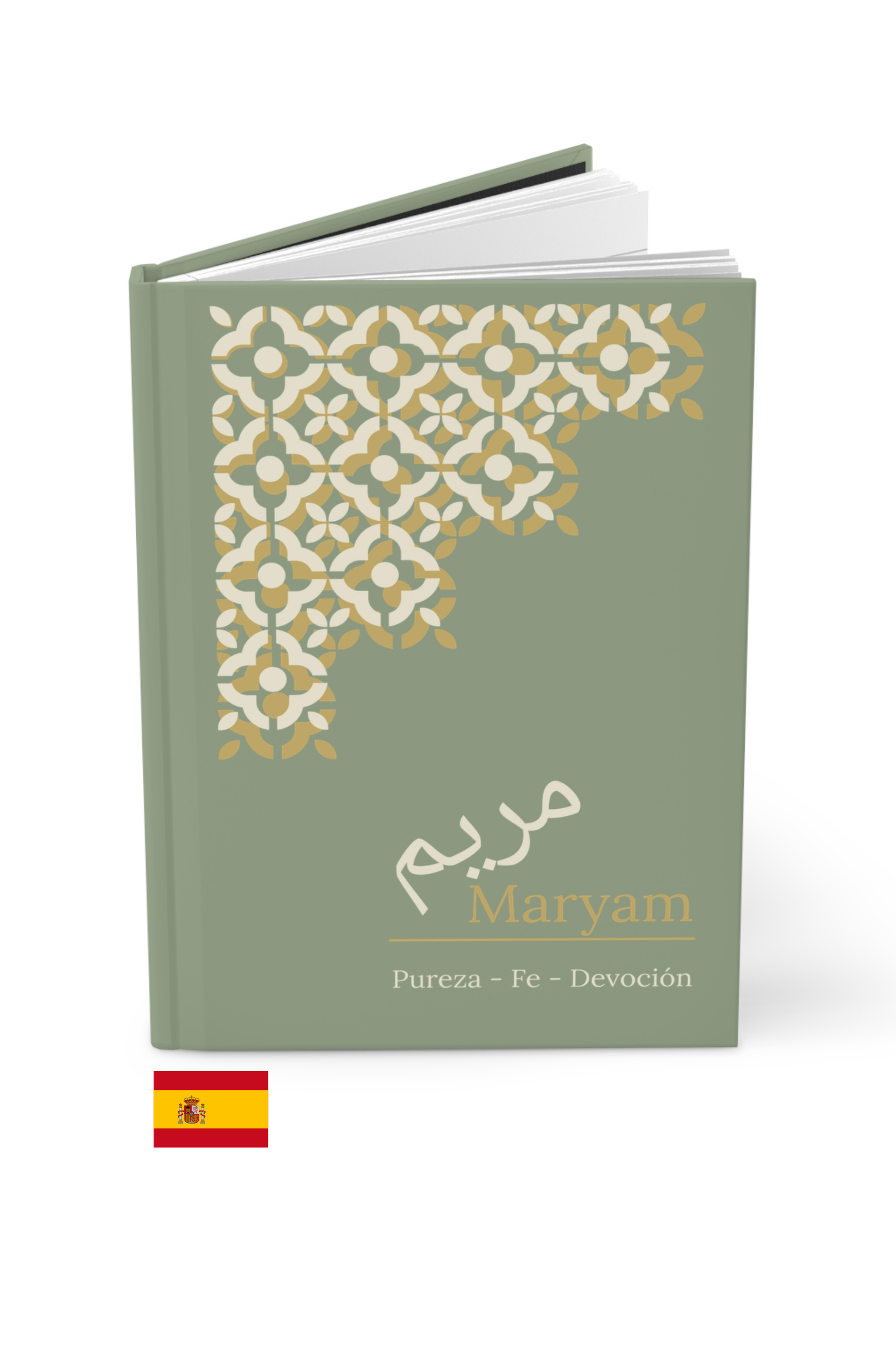 Sage green personalized journal Maryam with Spanish meaning and gold corner design hardcover