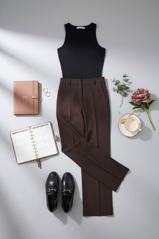 Brown straight-leg trousers styled with black sleeveless top, loafers and rose gold accessories - Nola pants outfit inspiration