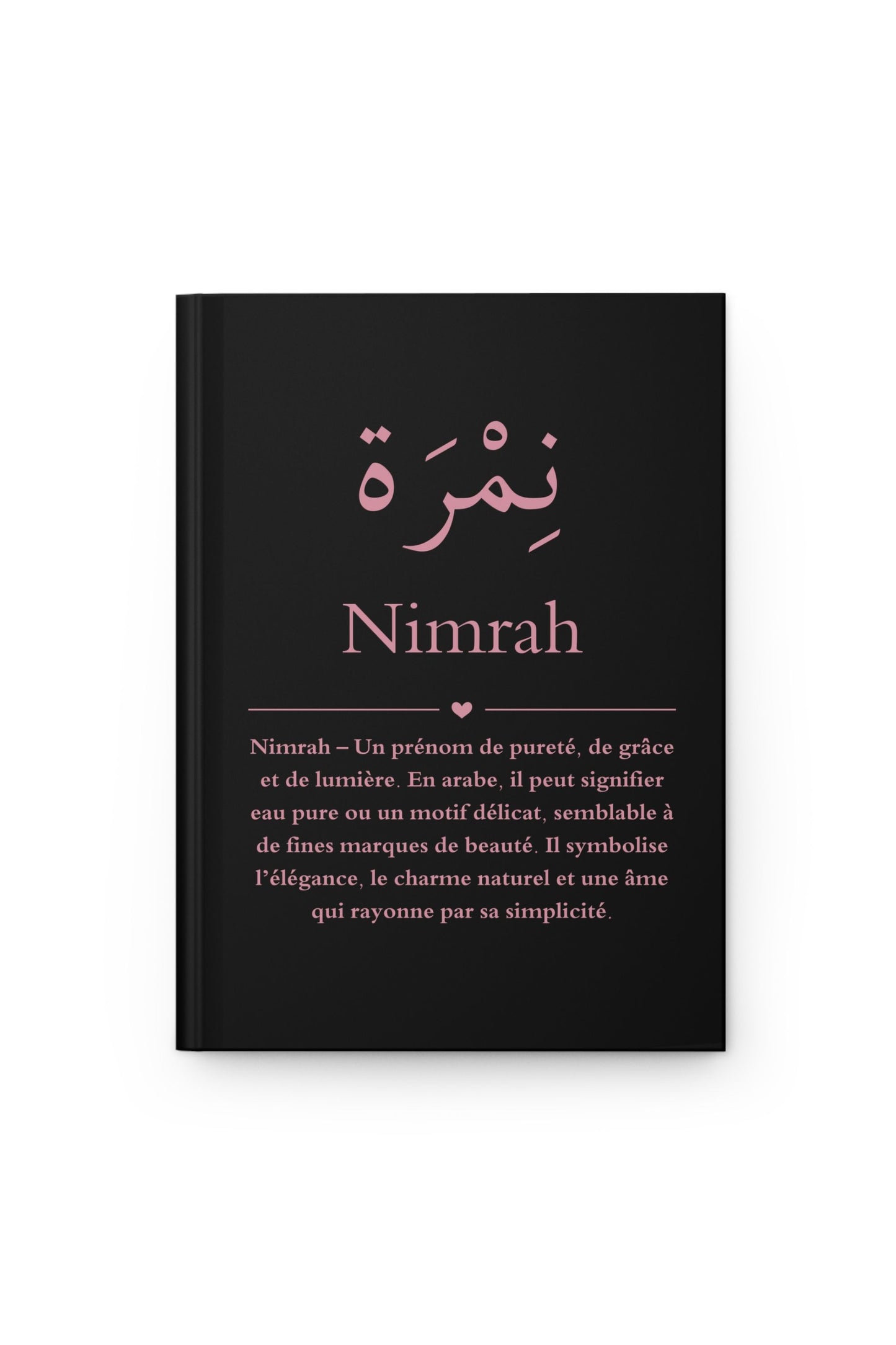 Personalized Arabic journal front cover - black hardcover with rose taupe calligraphy and custom name meaning