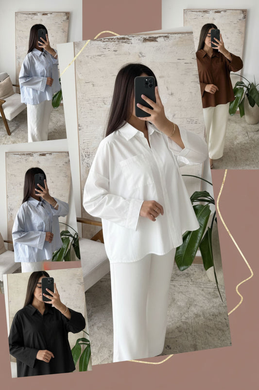 Woman wearing oversized cotton blouse in multiple colors - relaxed fit shirt one size 38-44