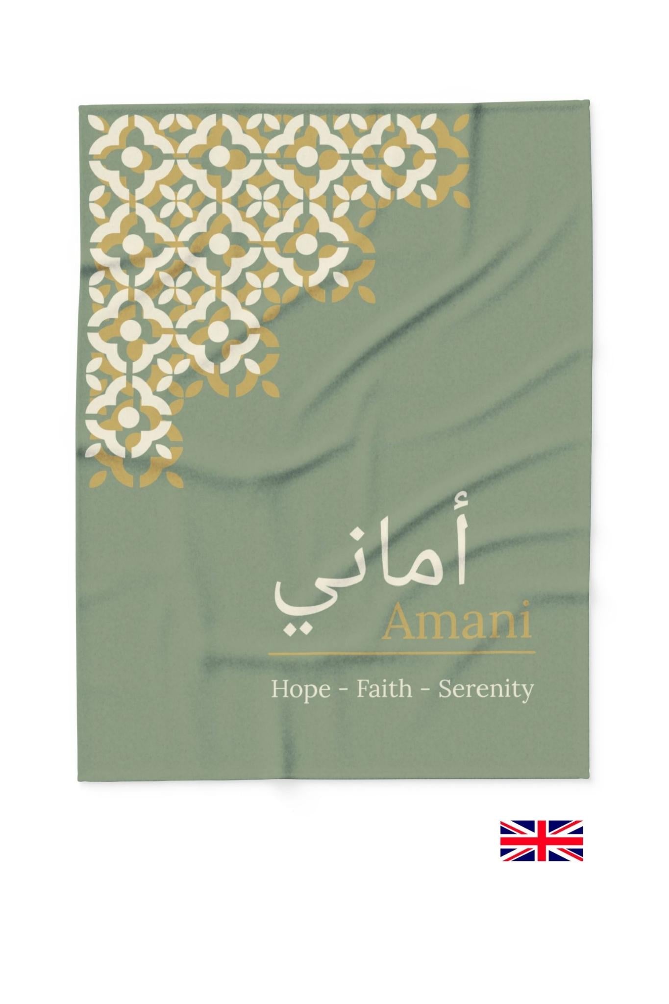 Arabic name blanket draped over armchair in cozy bedroom with natural light lifestyle