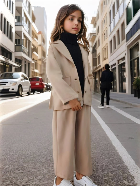 Beige girls blazer set with pants - elegant two-piece suit for ages 4-14