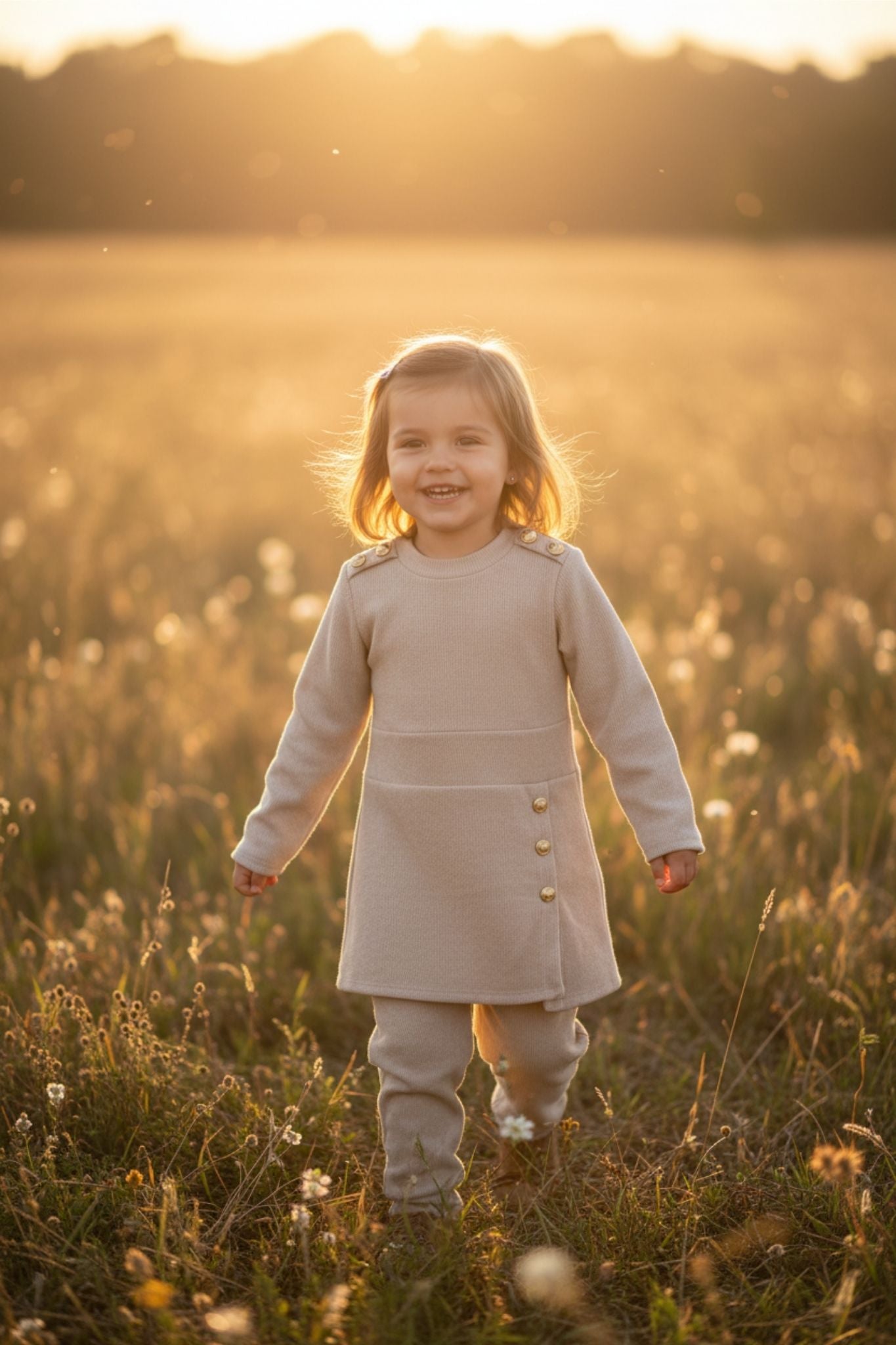 Child in a light-colored outfit walking in a field at sunset