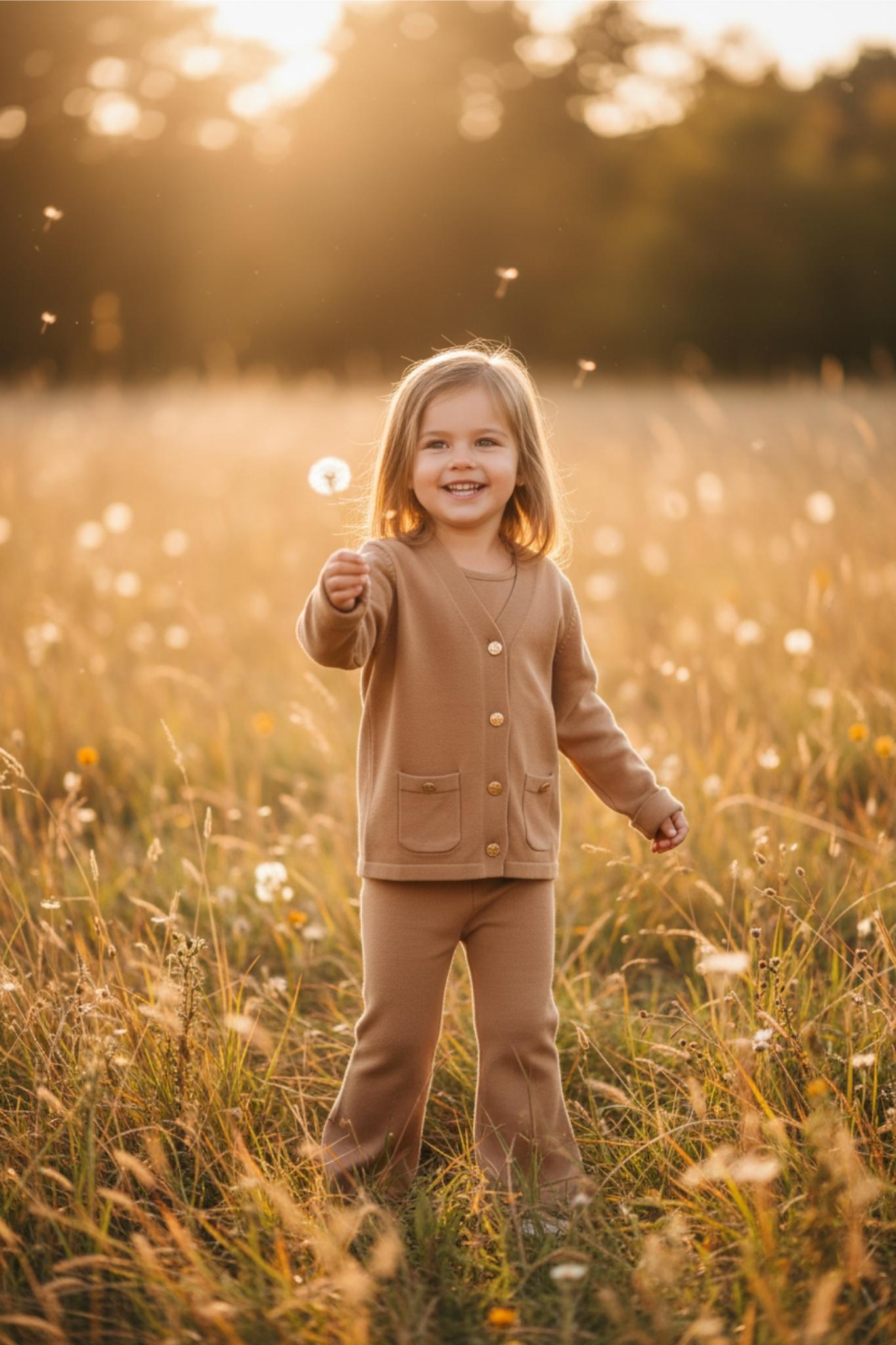 Child standing in a field of tall grass with a warm, golden light.