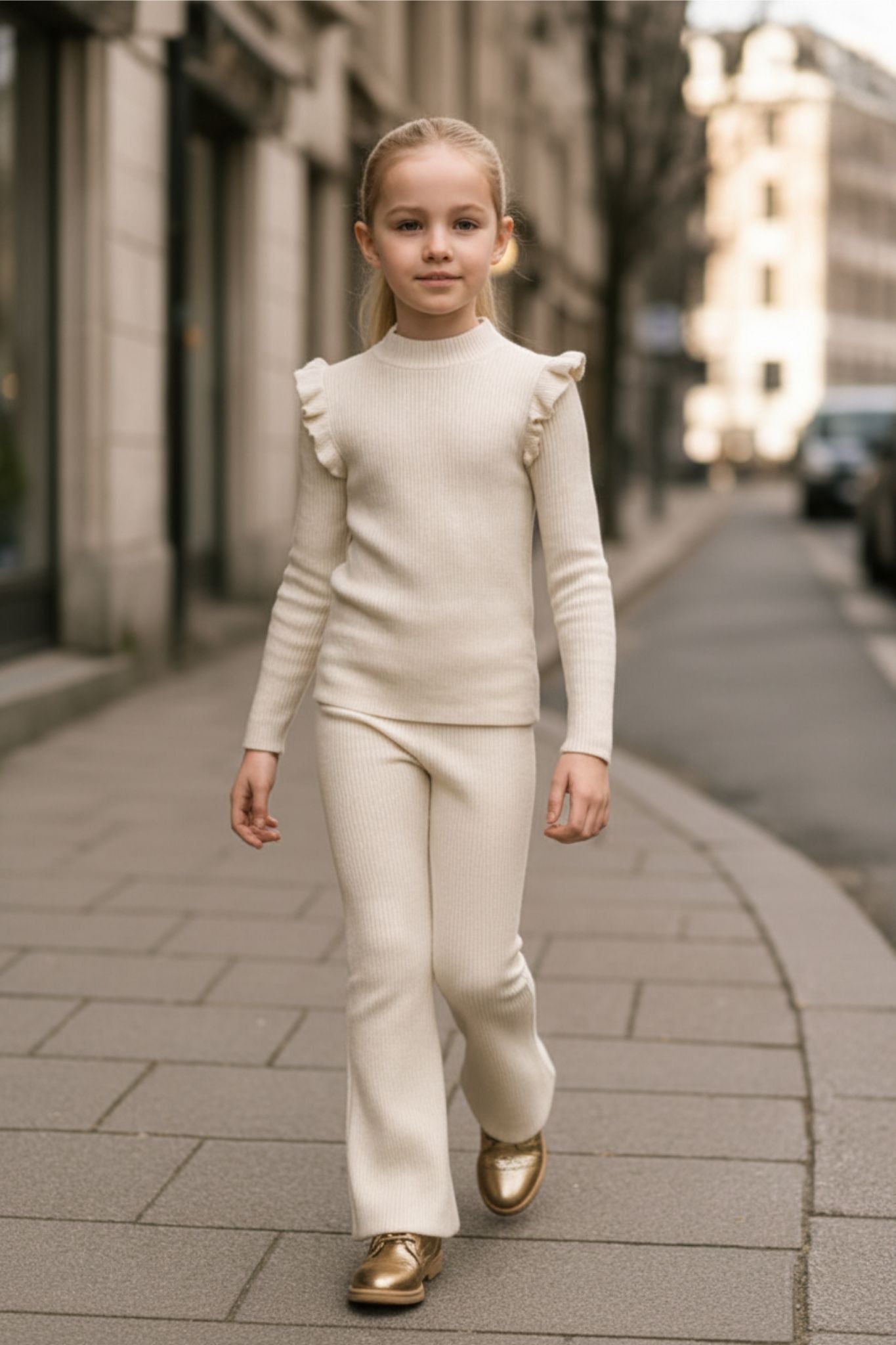 Young girl in a beige outfit walking on a city street.