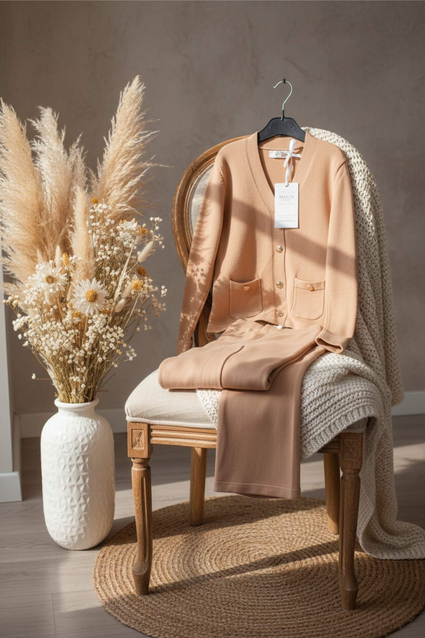 Beige cardigan and pants on a chair with a vase of dried flowers and a blanket.