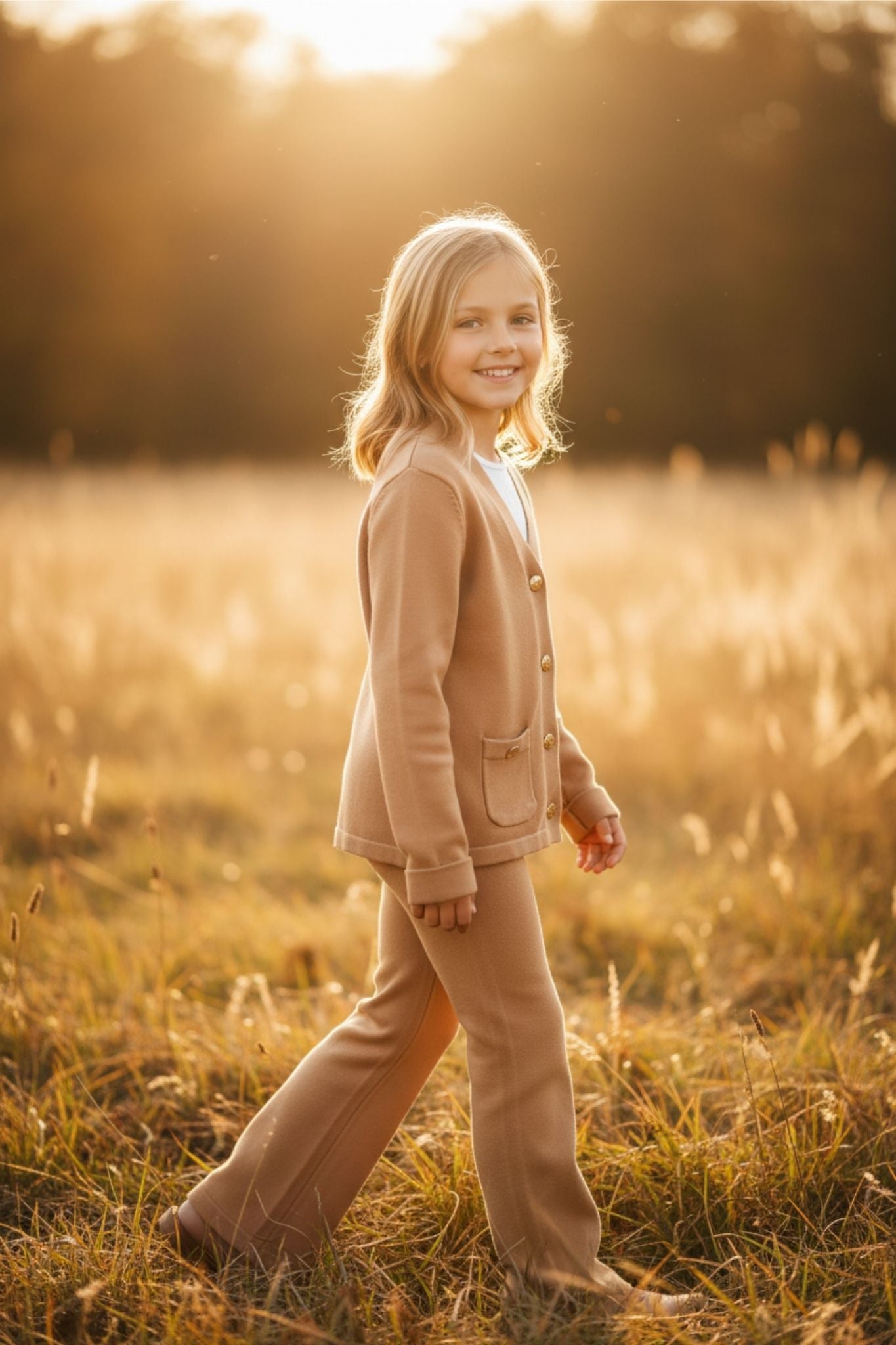 Beige girls knit set with vest and wide-leg pants - cozy outfit ages 4-12