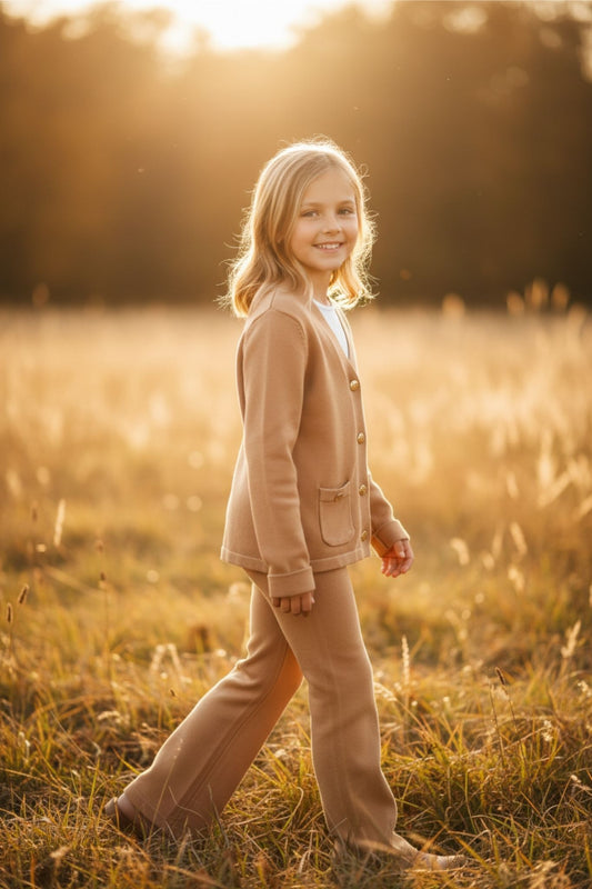 Beige girls knit set with vest and wide-leg pants - cozy outfit ages 4-12