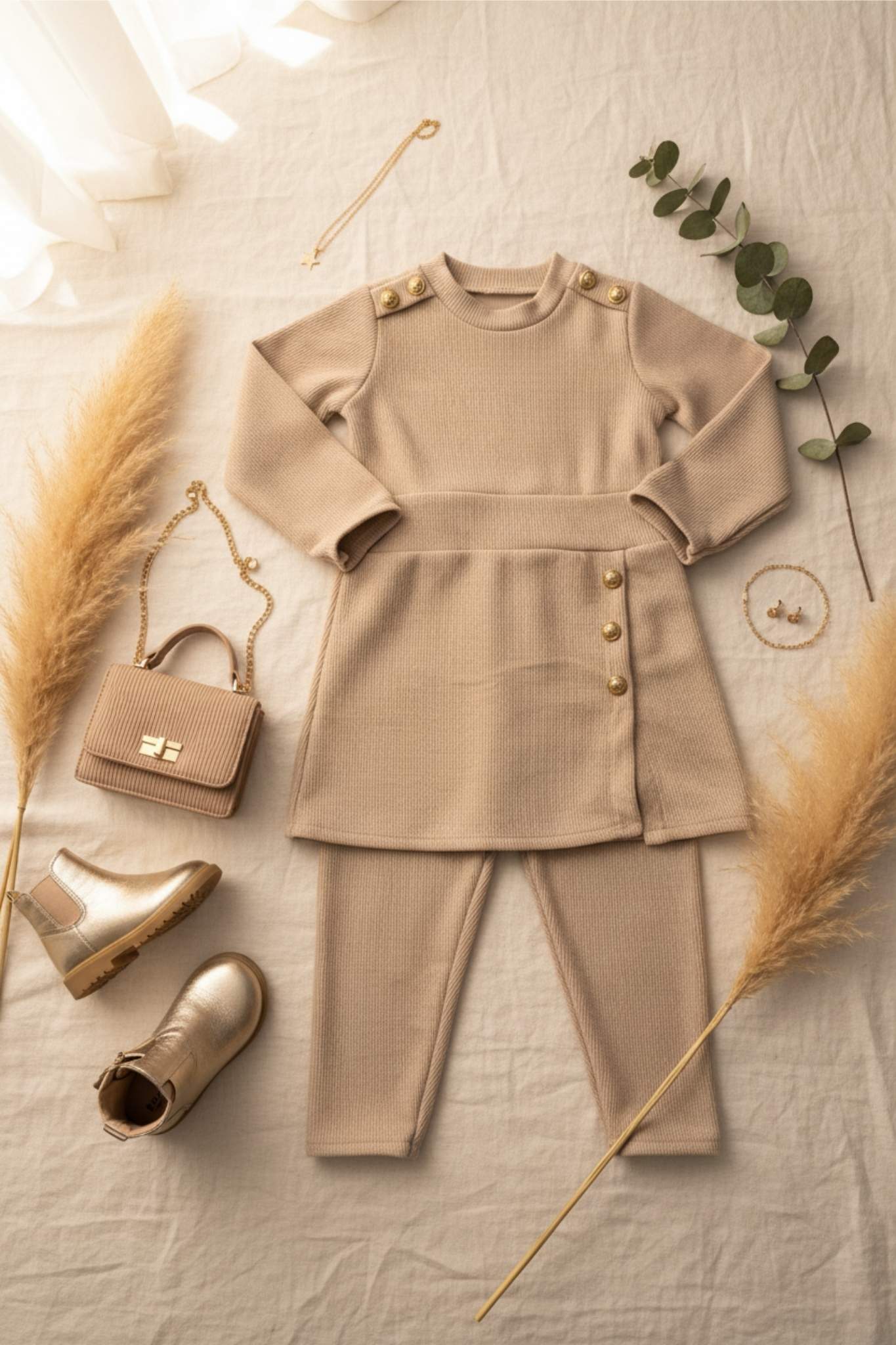 Beige girls tunic set with gold buttons and leggings - elegant outfit ages 4-12