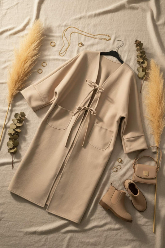 Beige girls vest coat with tie closure and large pockets - layering piece ages 8-14