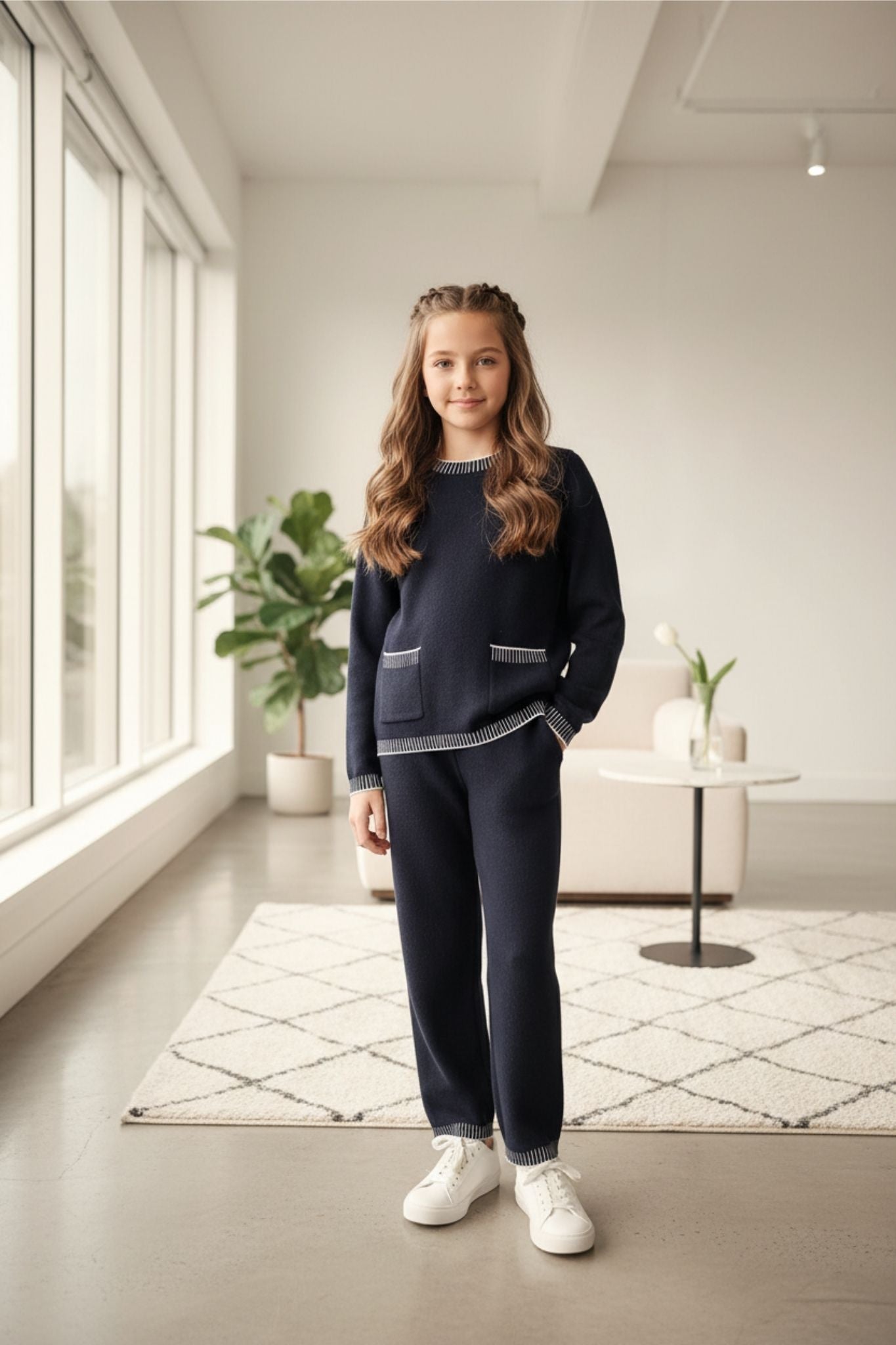 Young girl in a black knitset standing in a modern room with large windows and minimal decor.