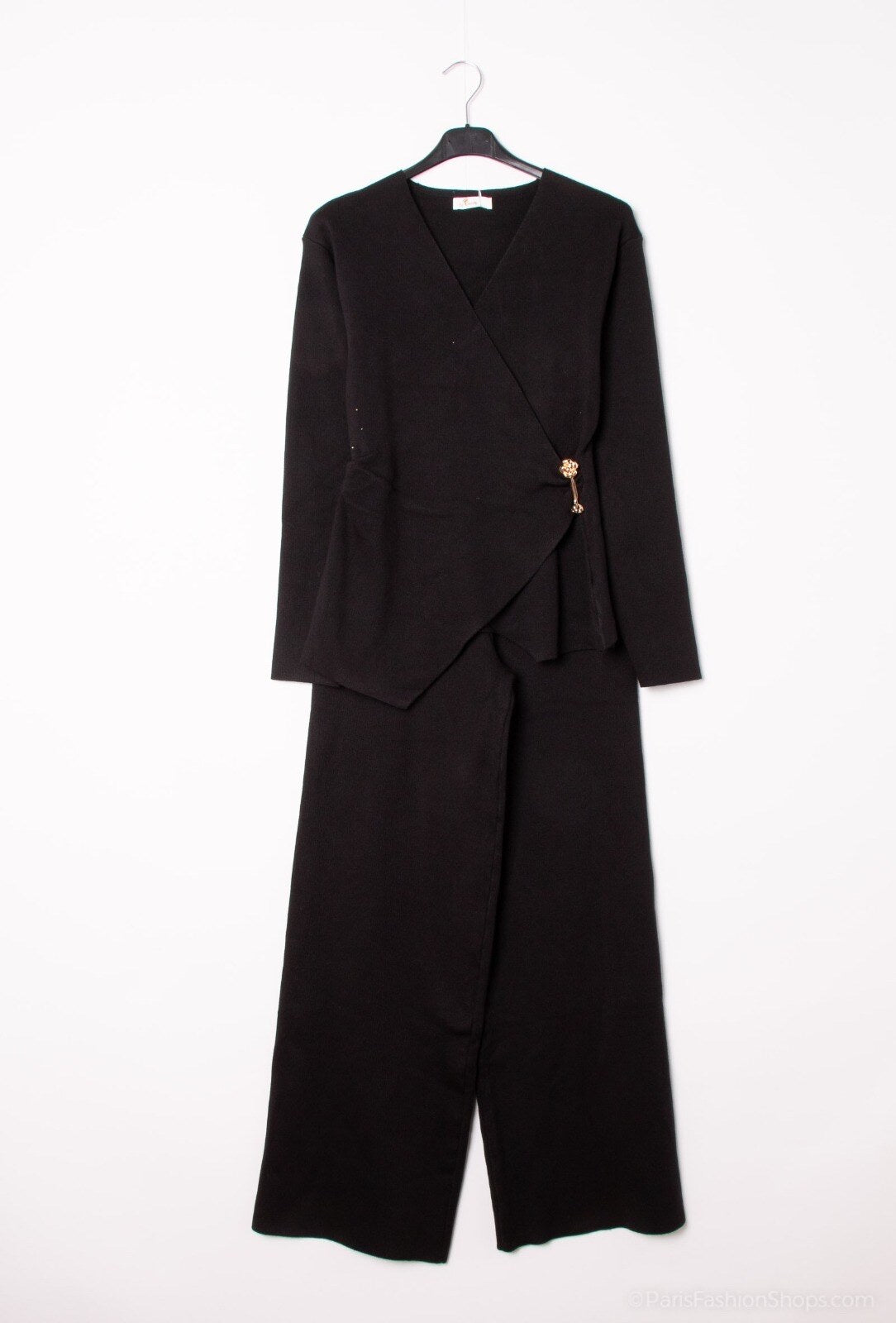 Black elegant wrap set with tailored top and pants - removable brooch detail