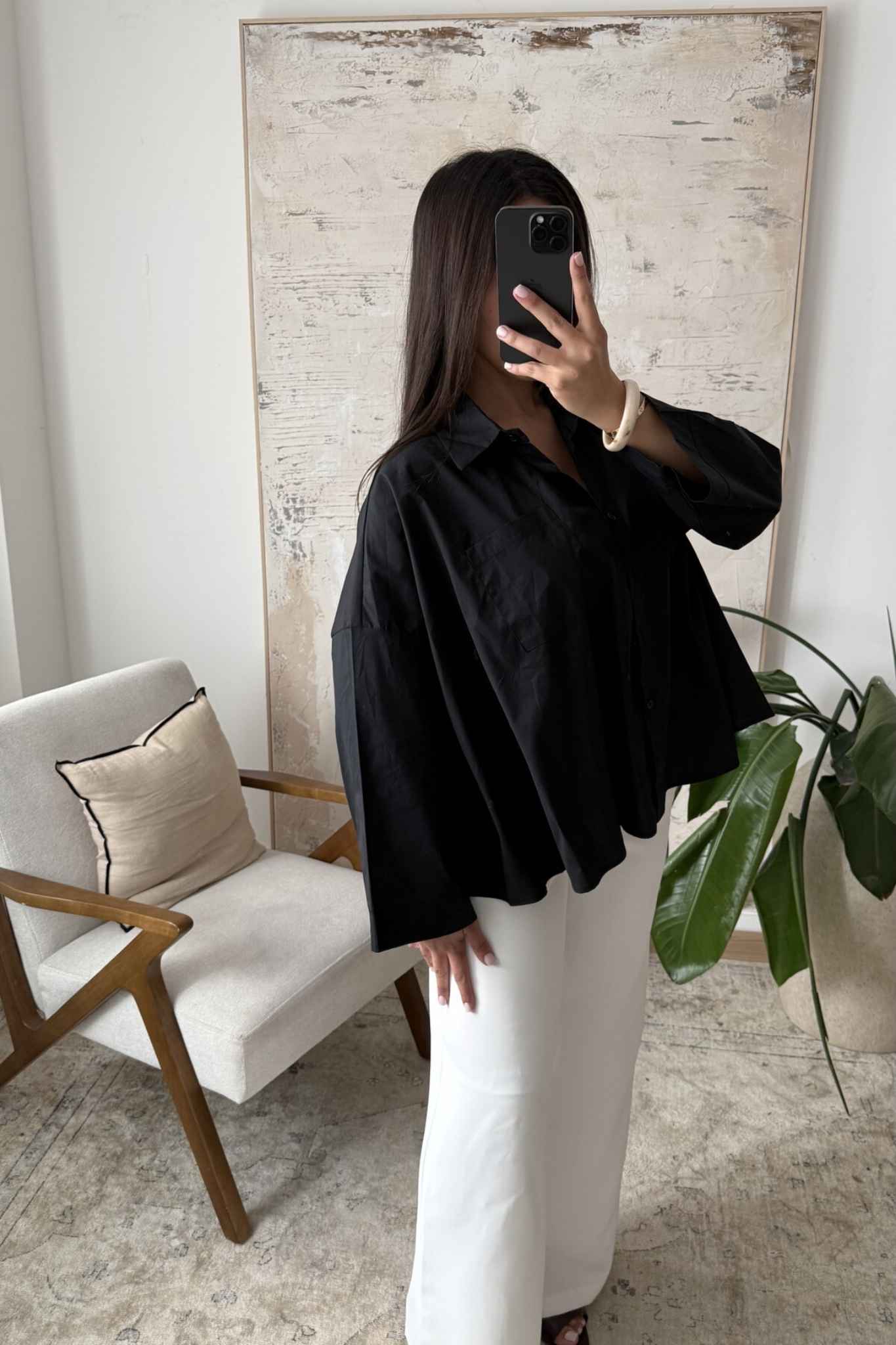 Black oversized cotton blouse for women - one size relaxed fit shirt 38-44