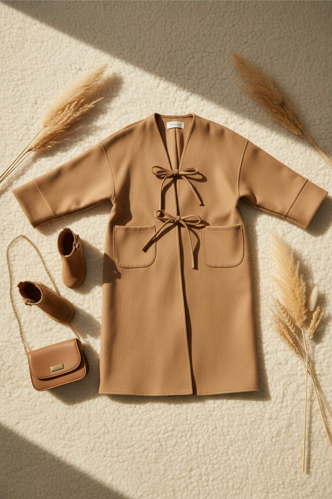 Brown coat with matching shoes and handbag on a textured beige surface with dried plants.