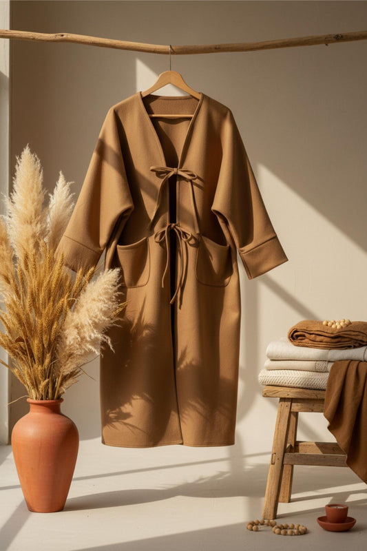 Brown coat hanging on a hanger with a vase of dried plants and a stack of clothes in the background.