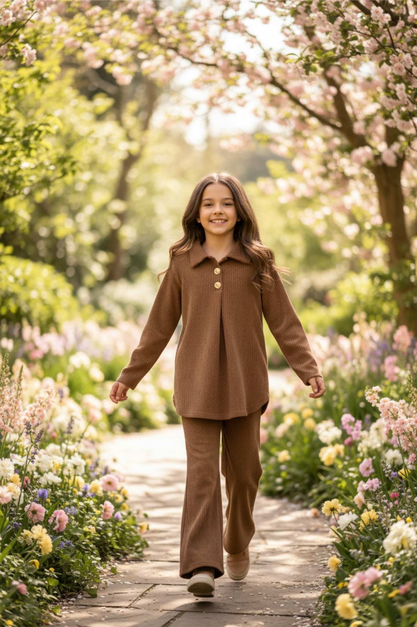 Brown girls ribbed two-piece set with tunic and wide-leg pants - comfortable outfit ages 6-12