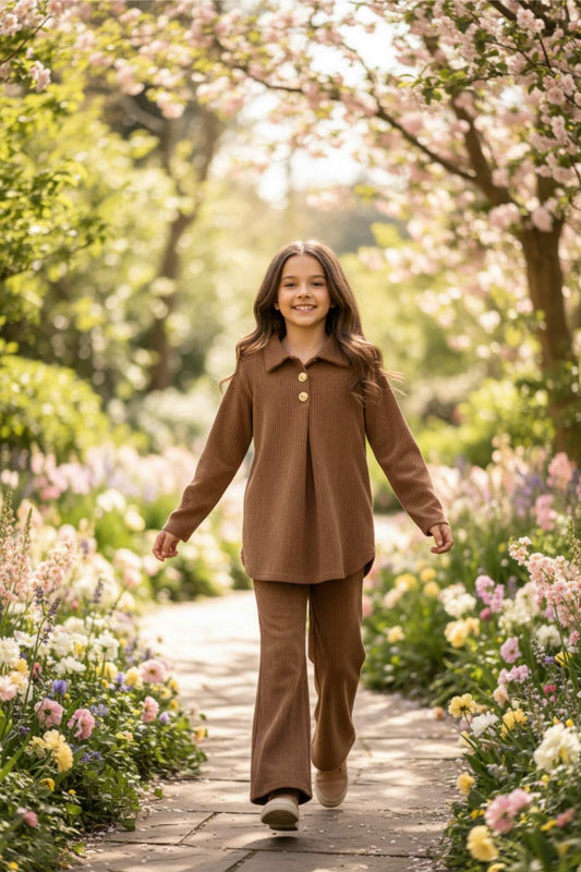 Brown girls ribbed two-piece set with tunic and wide-leg pants - comfortable outfit ages 6-12