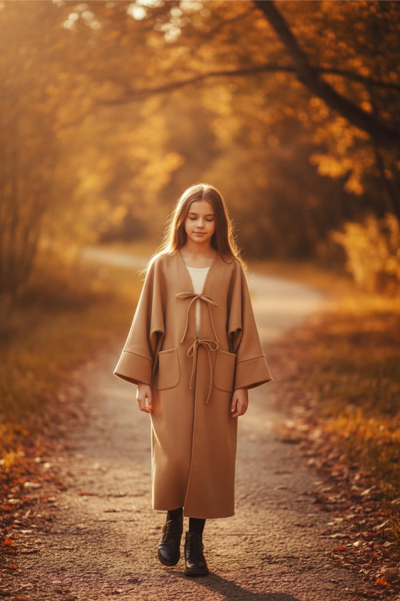 Camel girls vest coat with tie closure and large pockets - layering piece ages 8-14