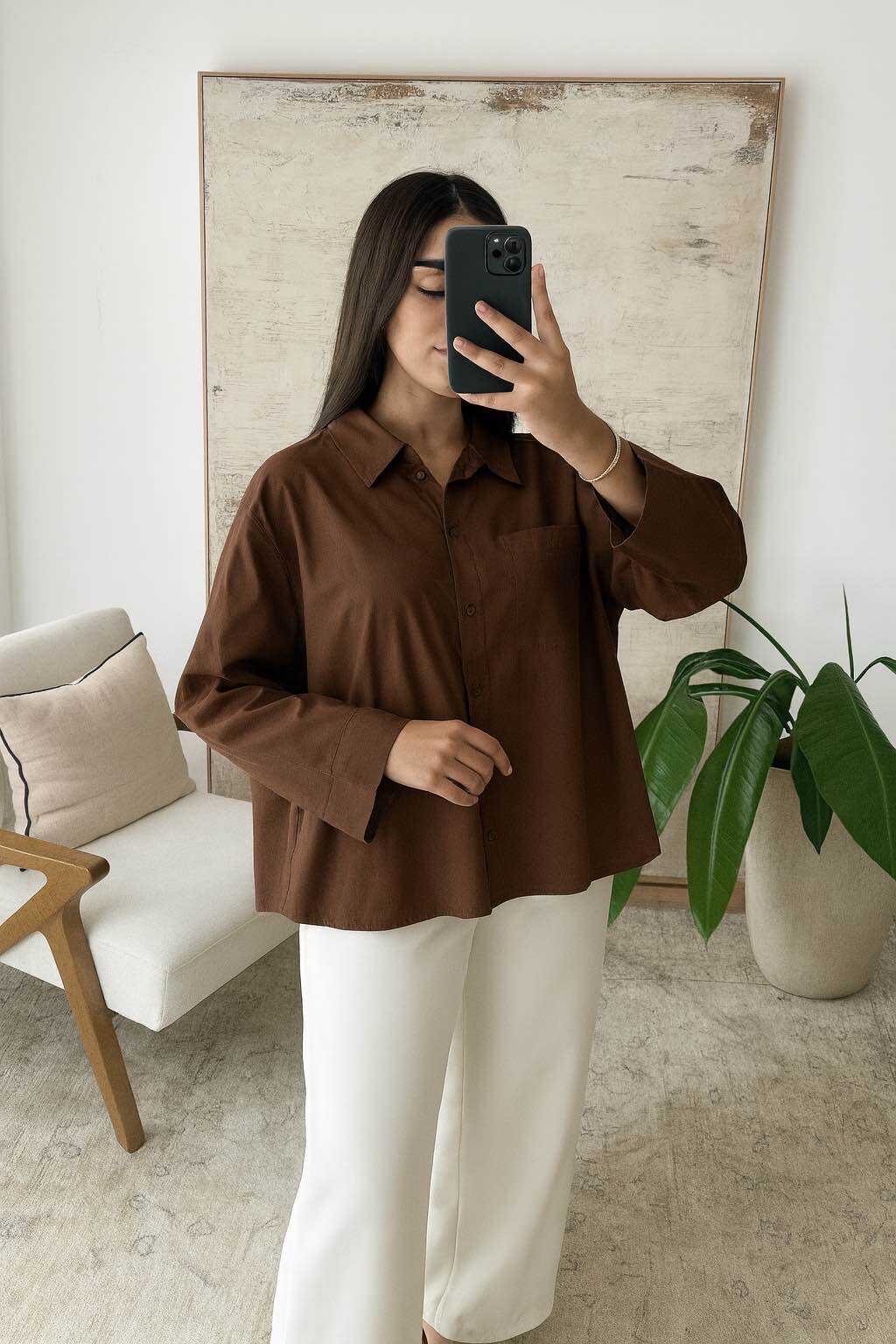 Chocolate brown oversized cotton blouse for women - one size relaxed fit shirt 38-44