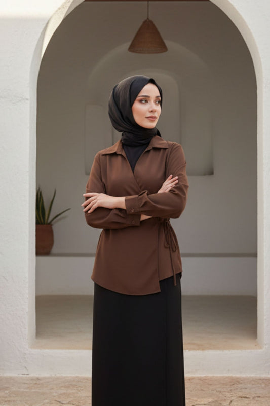 Chocolate brown wrap detail blouse with adjustable ties - cotton blend shirt S/M M/L