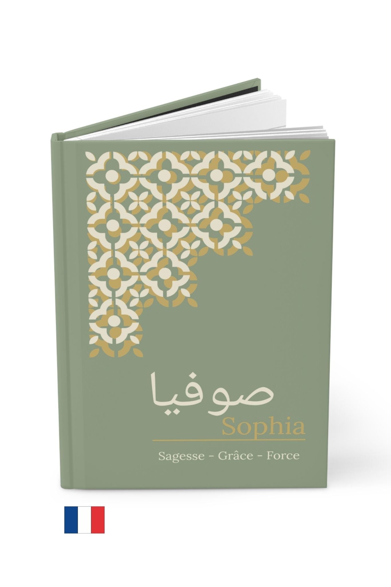 Custom Arabic journal Sophia French meaning sage green with gold geometric Islamic pattern