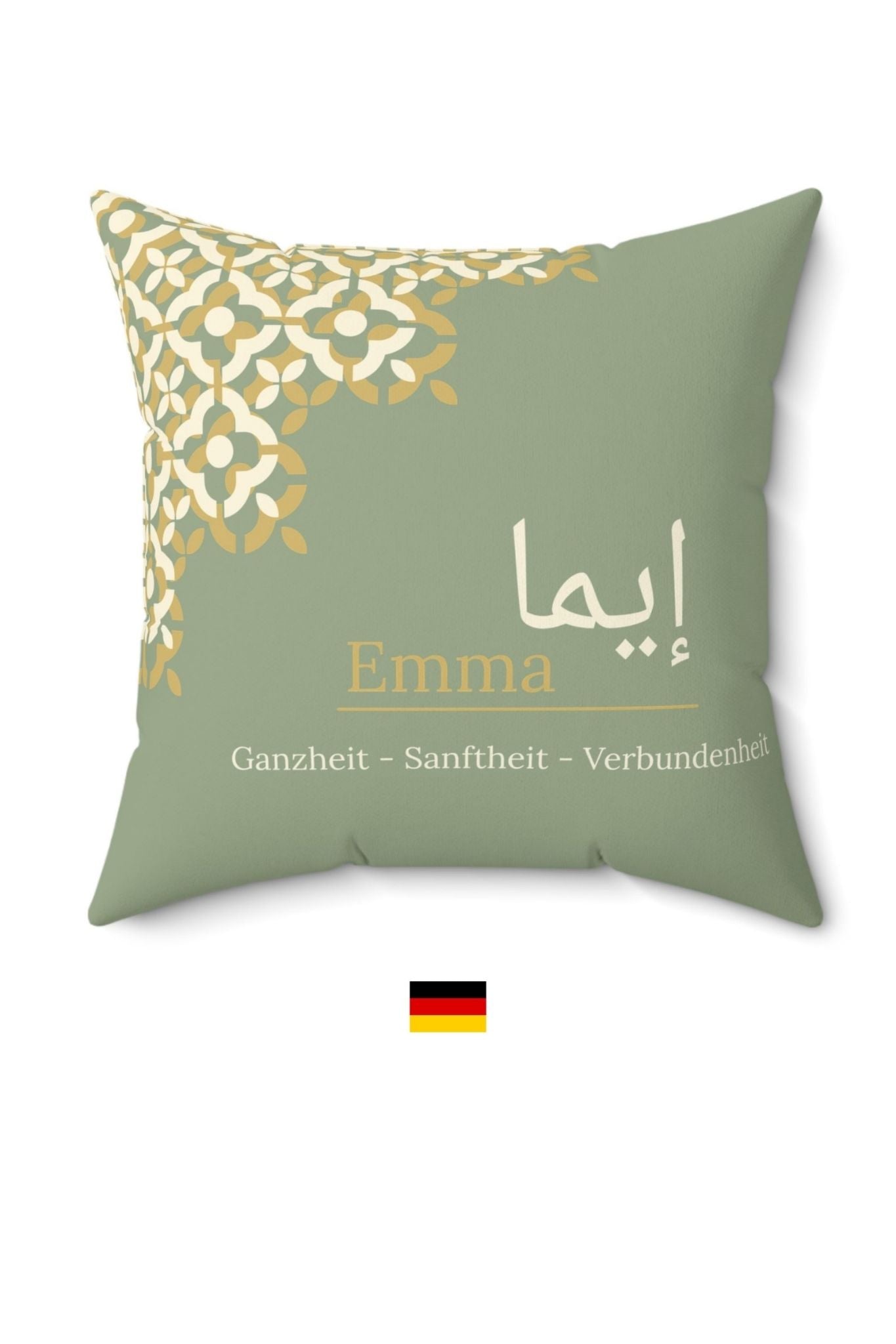 Custom Arabic name pillow Emma with German meaning sage green faux suede cushion gold corner design