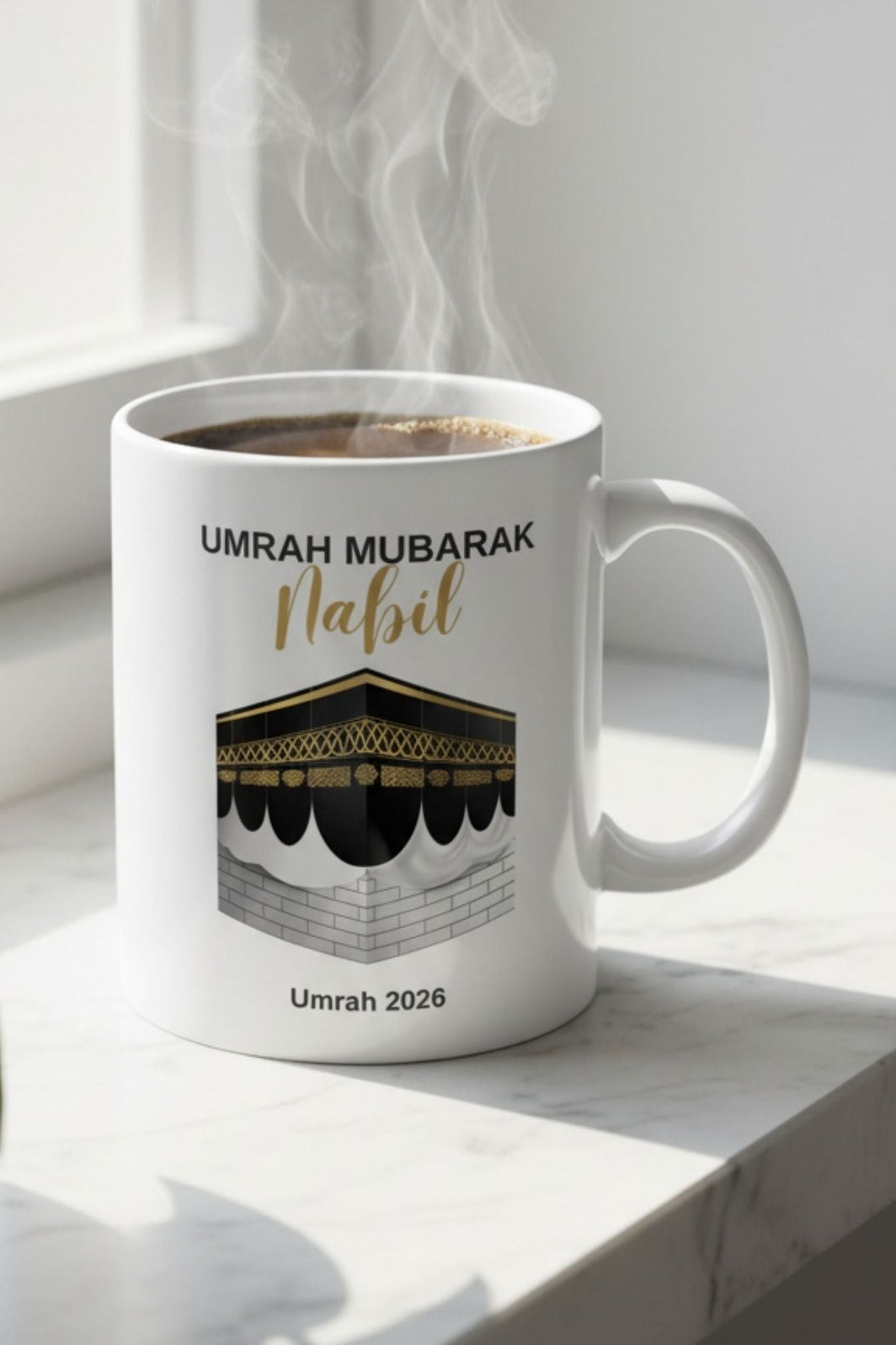 Custom name Umrah mug for men with gold Kaaba design — umrah mubarak gift for him