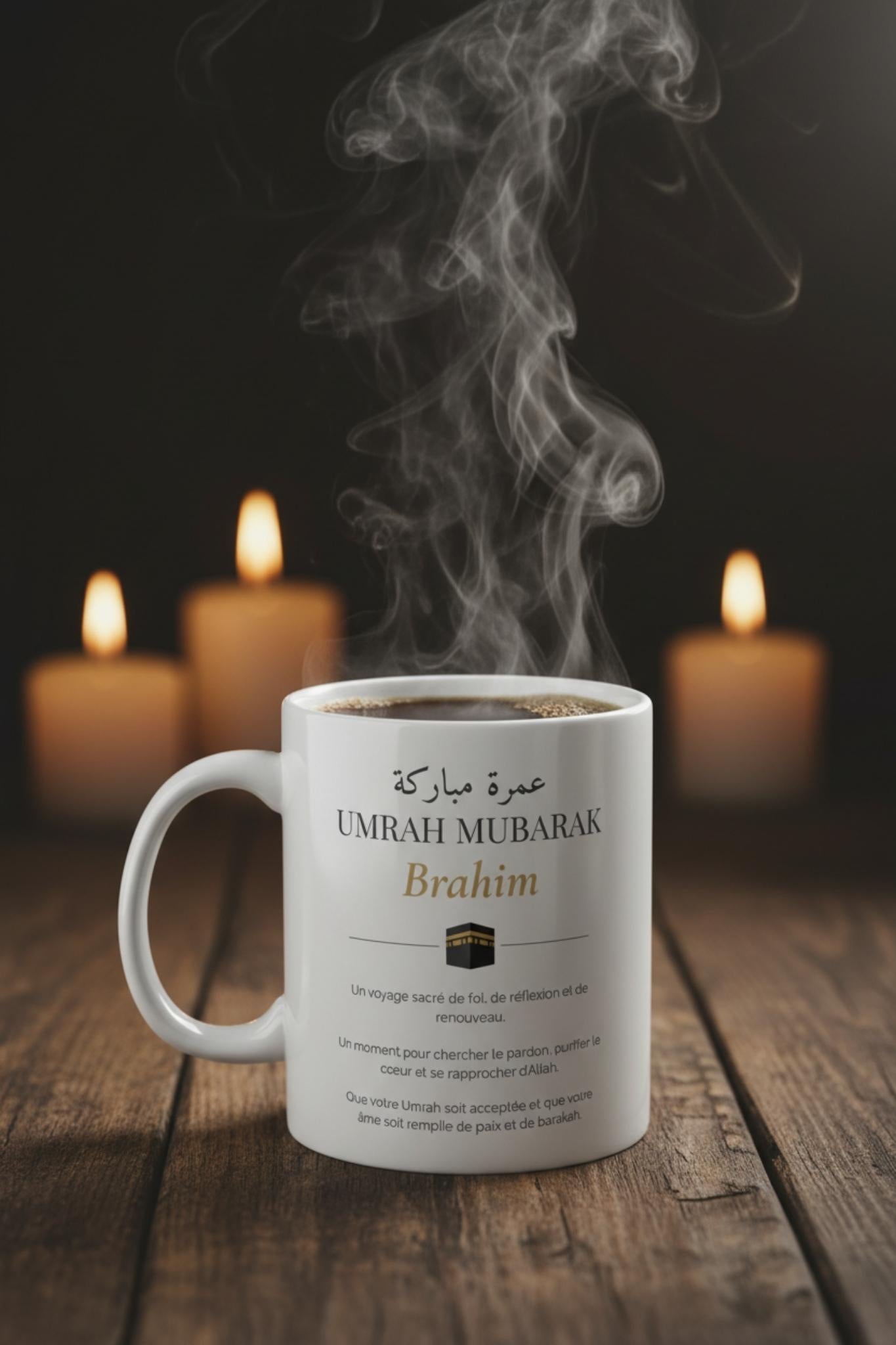 Custom name Umrah mug with Arabic script and Kaaba on dark wooden surface with candlelight — umrah journey gift
