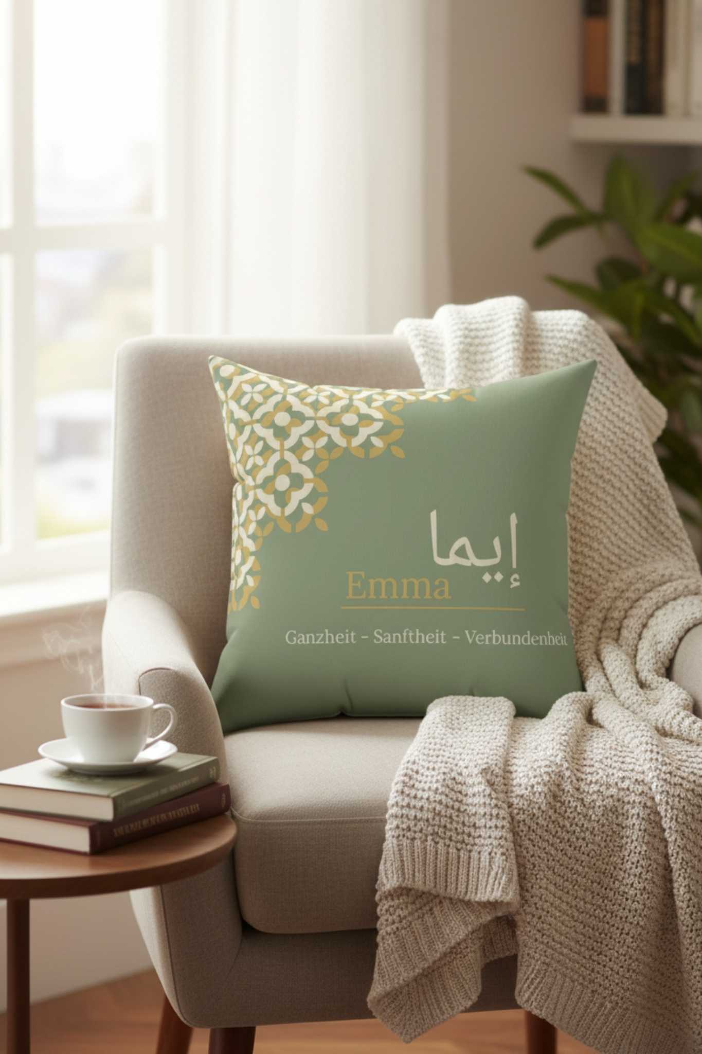 Custom name cushion with Arabic calligraphy in cozy reading nook with natural light and books