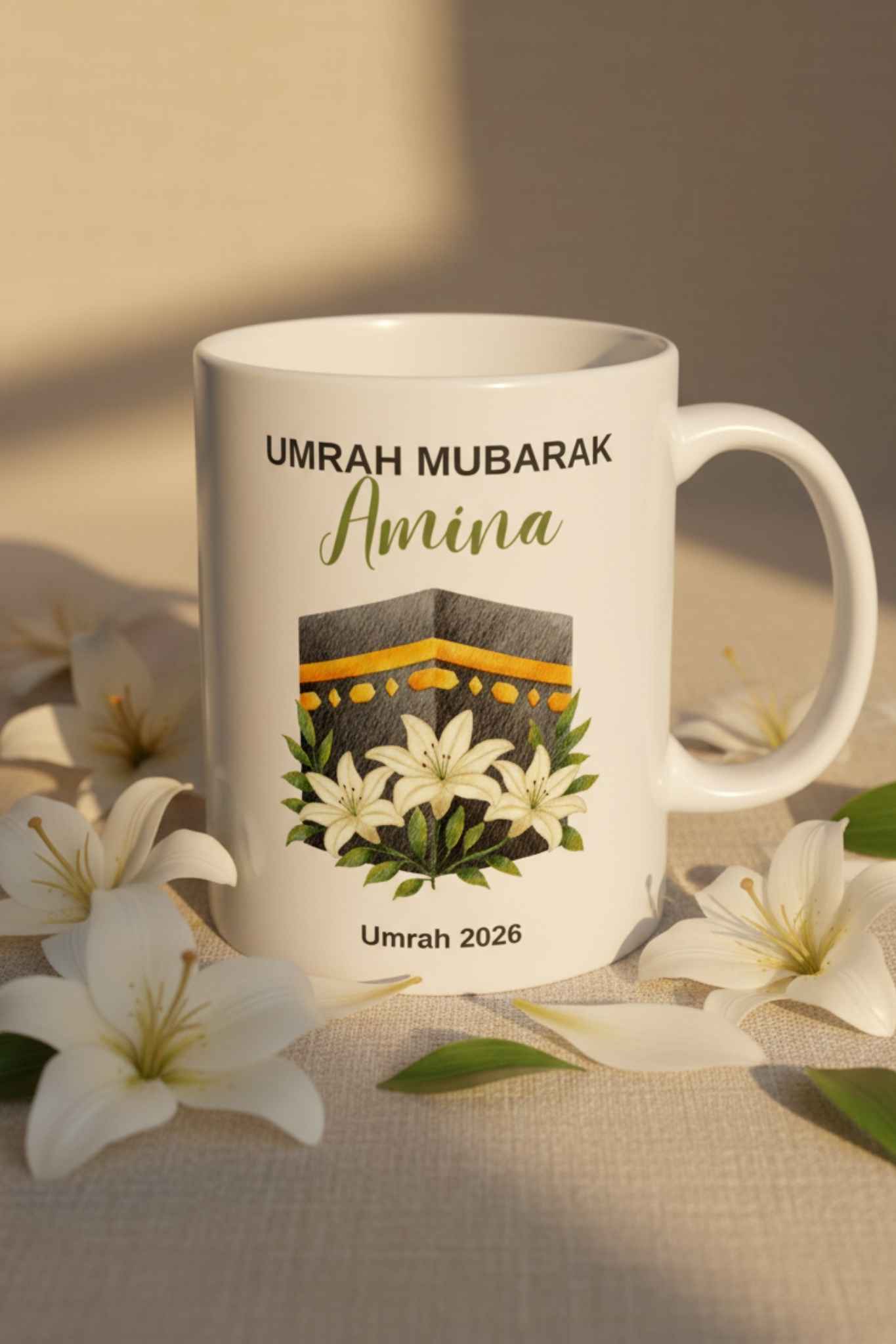 Custom umrah mug held in hands with steam rising — cozy muslim gift umrah