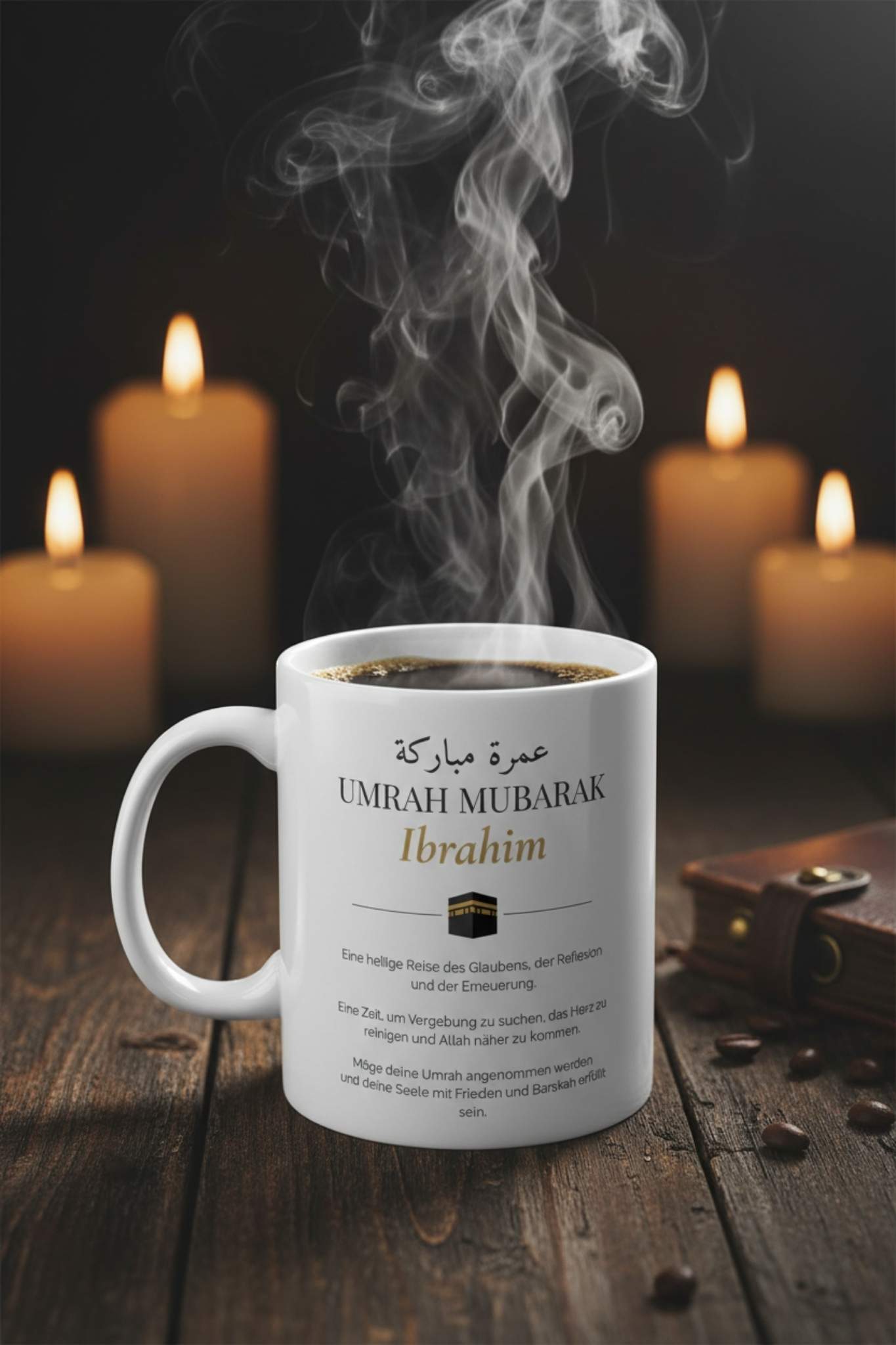 Custom umrah mug with Arabic calligraphy and Kaaba illustration lifestyle photo — hajj umrah gift idea