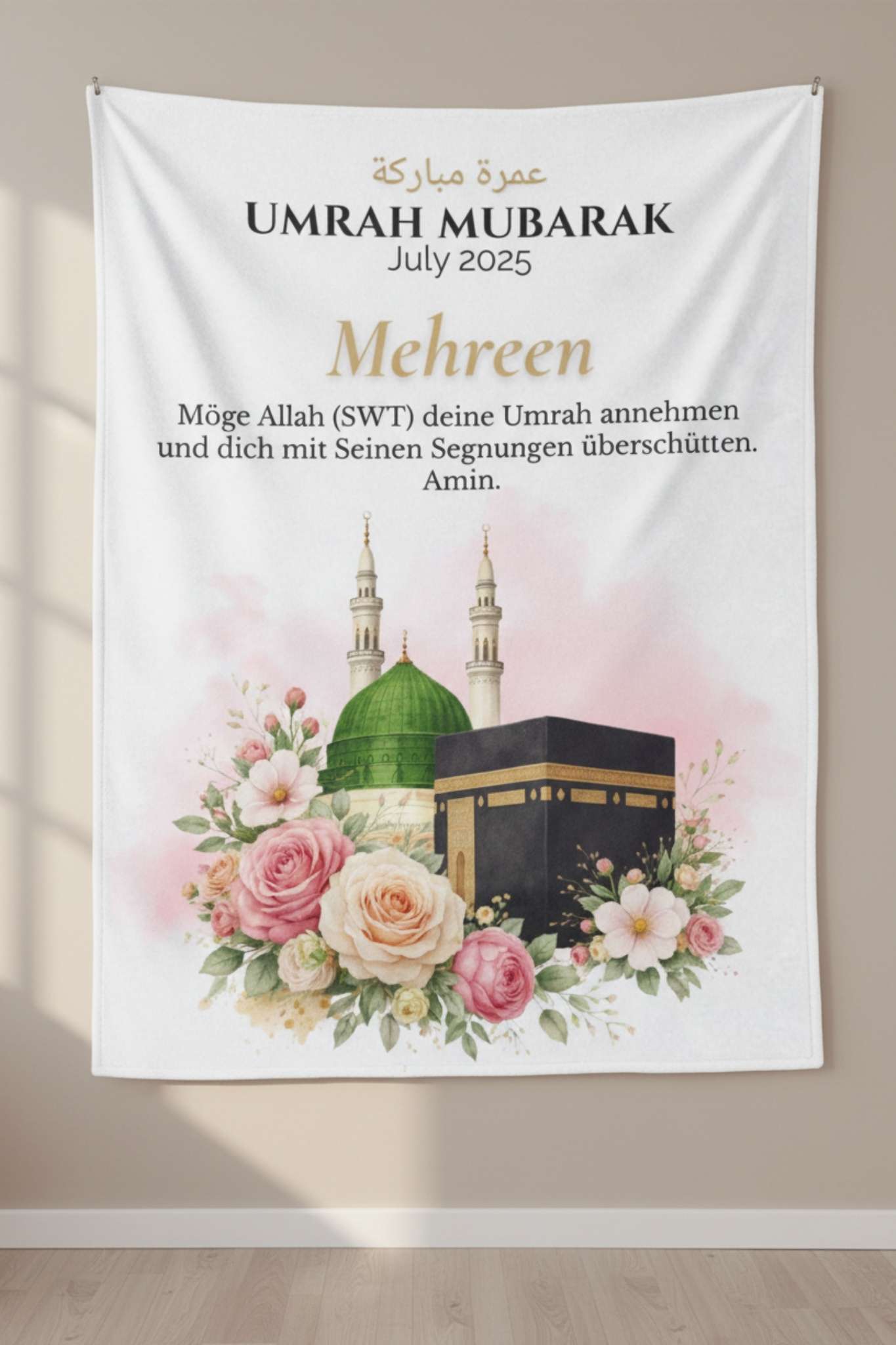 Elegant Umrah blanket with floral design Kaaba and mosque artwork