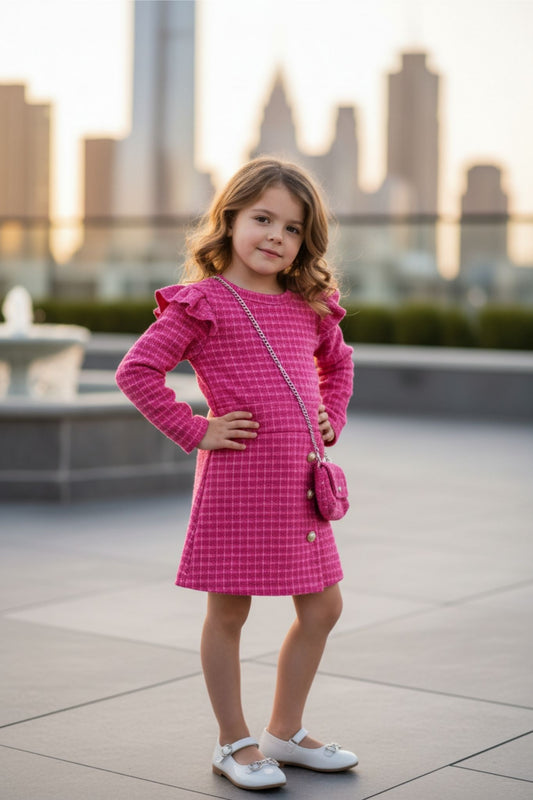 Fuchsia girls tweed dress with matching bag - A-line party outfit ages 4-12